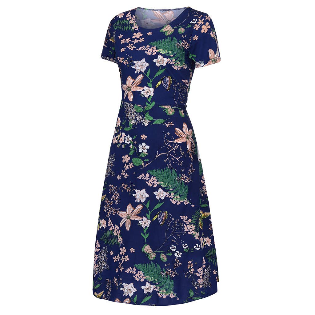 LACACA Women's Summer Floral Print Short Sleeve Maxi Dress - Casual Beach Dress for Women, Mid-Calf Length, Perfect for Vacations, Parties and Outdoor Activities