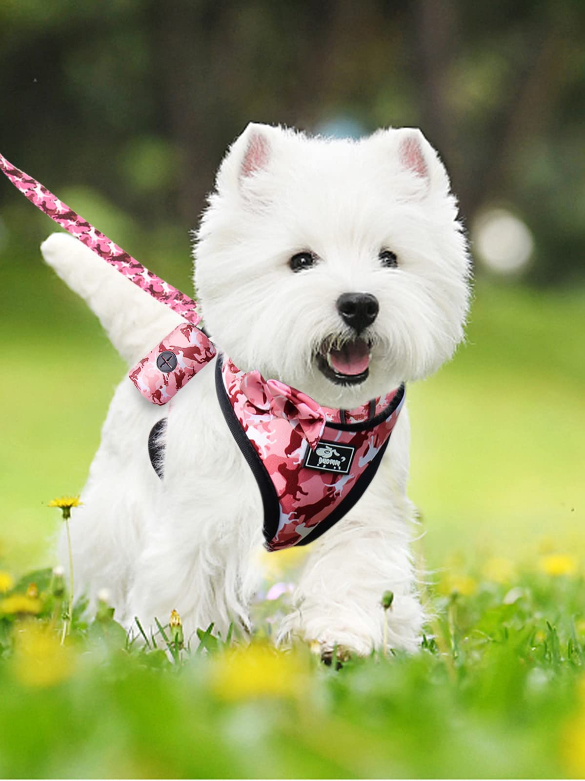 **Adjustable Reflective No-Pull Dog Harness & Leash Set for Small Dogs & Puppies - Pink Camouflage (Size L) with Bow-Tie Collar & Poop Bags - Perfect for Walking, Training & Outdoor Adventures**