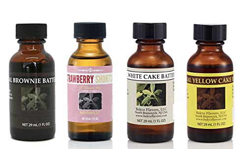 Bakto Flavors - Cake Lovers Collection - 4 Pack (1 FL OZ) - Brownie Batter, Strawberry Shortcake, White Cake Batter & Yellow Cake Flavor Extracts - Perfect for Baking, Frosting & DIY Dessert Recipes