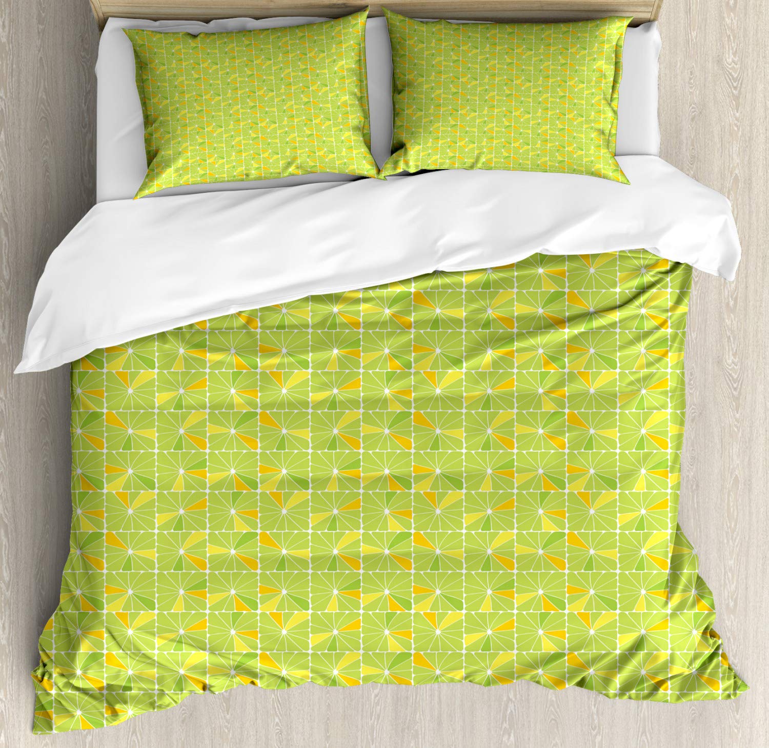 Lunarable Geometric Duvet Cover Set - Summer Abstract Lime & Lemon Square Pattern Bedding - 2 Duvet Covers & 2 Pillowcases - 2 Pack California King Size - Apple Green & Orange - Perfect for Modern Bedrooms & Guest Rooms