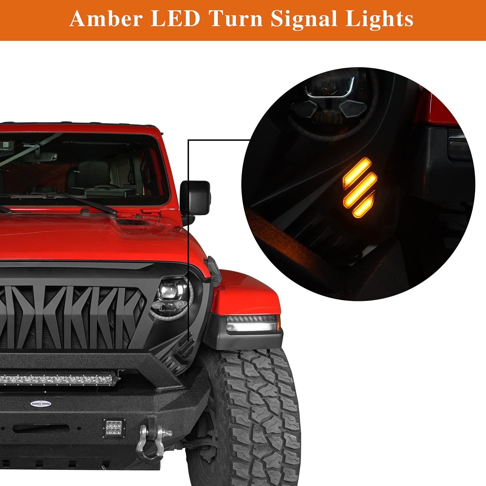 Hooke Road JL/JT Front Grill Cover Shark Grille Guard with Amber Signal Lights for Jeep Wrangler JL JLU & Gladiator JT 2018-2025 | Off-Road Protection & Stylish Upgrade for Adventure Enthusiasts