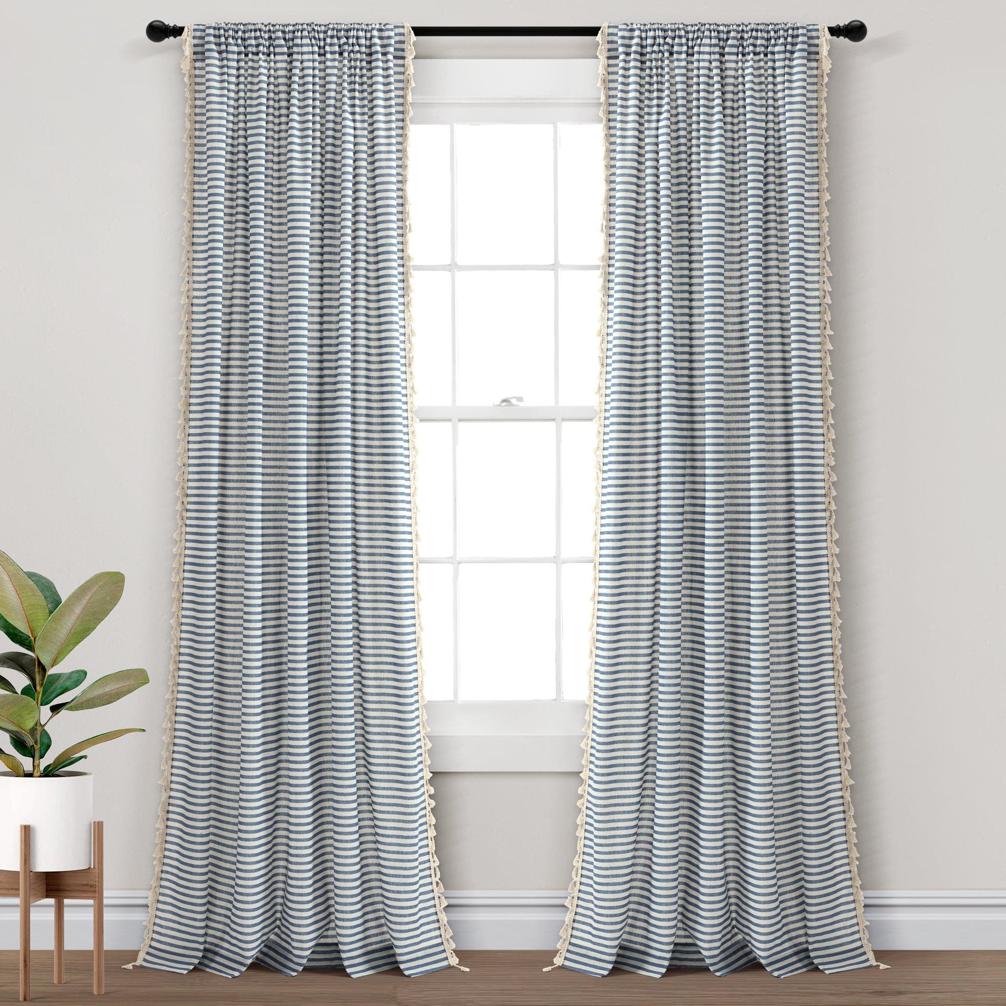 Boho Coastal Striped Curtains with Tassels - Light Filtering Window Panels for Beach House & Farmhouse Decor - Set of 2