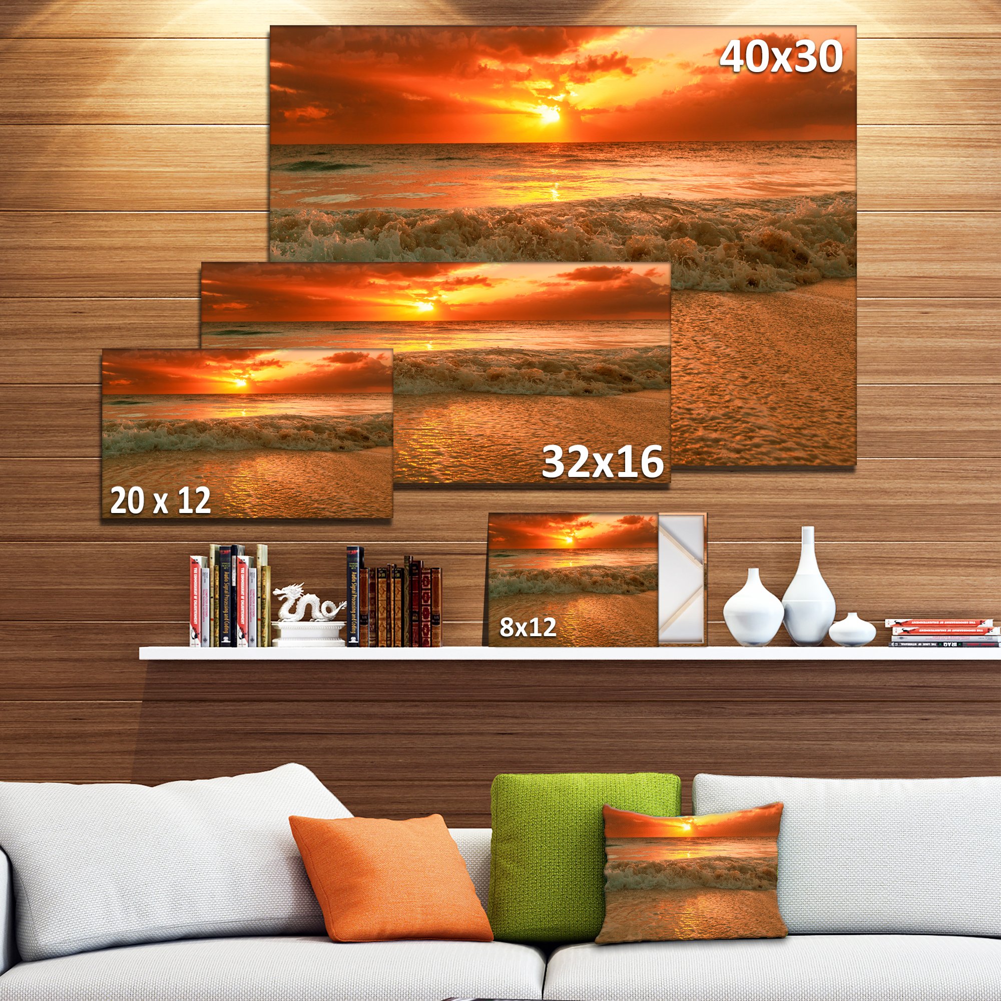 Extra Large Seascape Art Canvas - Stunning Ocean Sunset Reflection Painting - Perfect for Living Room, Bedroom & Office Wall Decor