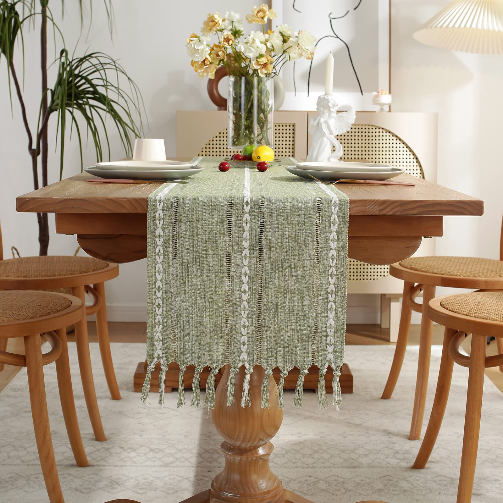 Rustic Hemstitch Linen Table Runner 90 Inches Long with Tassels - Farmhouse Style Dining Table Decor for Kitchen, Coffee Table, Party & Dresser - Sage Green 13