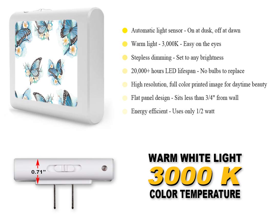 Dimmable LED Night Light with Auto On/Off Sensor - Adjustable Brightness, Warm White Light for Bathroom, Hallway, Nursery & Bedroom - Blue Butterflies on White Flowers Design | Perfect for Nighttime Safety & Comfort