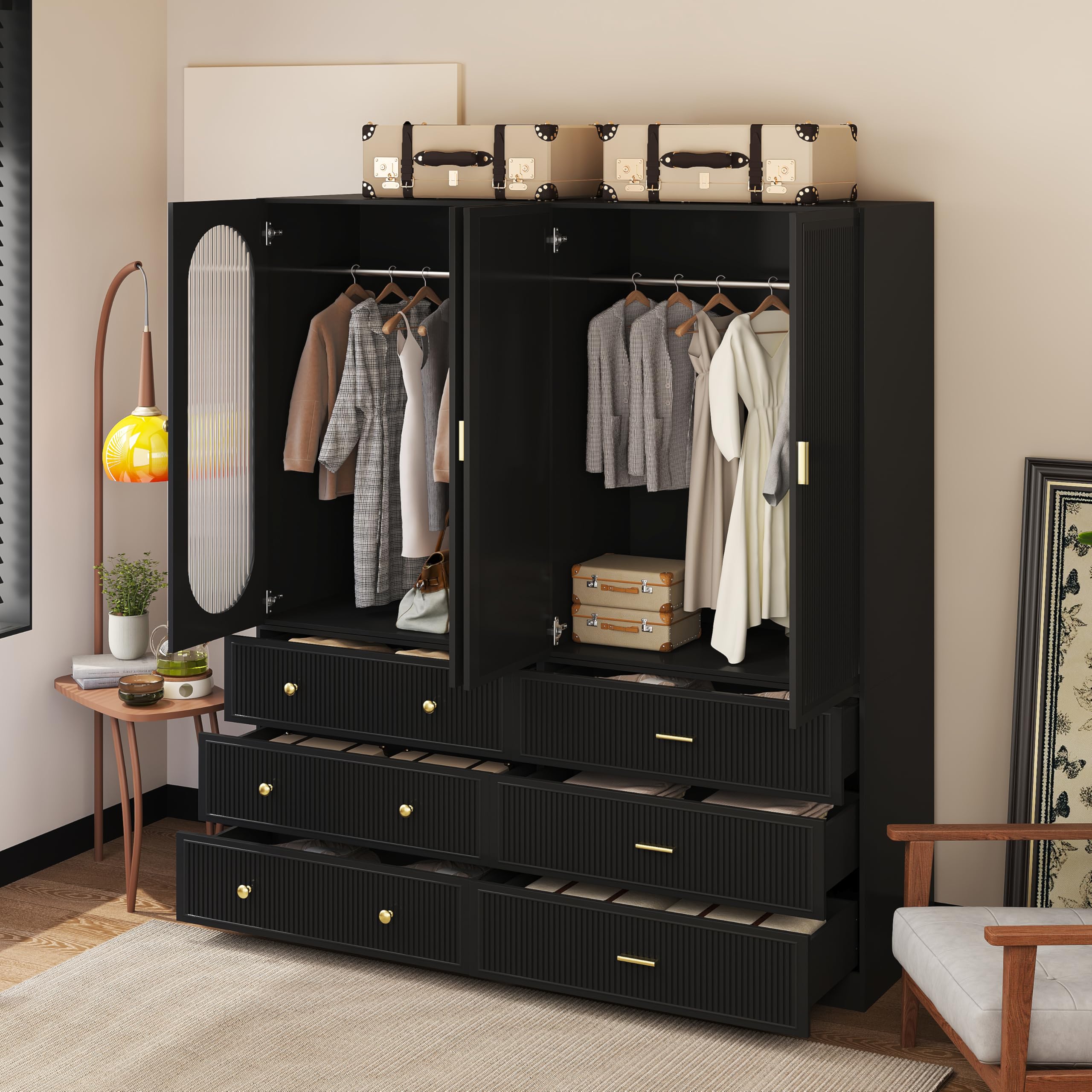 2 Door Armoire Wardrobe Closet with Drawers - Black Large Capacity Storage Closet with Hanging Rod & 3 Drawers for Bedroom Organization | Perfect for Bedrooms, Guest Rooms & Dorm Storage