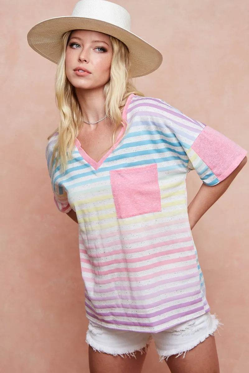 BiBi Rainbow Stripe Printed Triblend Knit Top - Women's Soft Comfortable Casual T-Shirt for Everyday Wear, Street Style & Summer Outfits