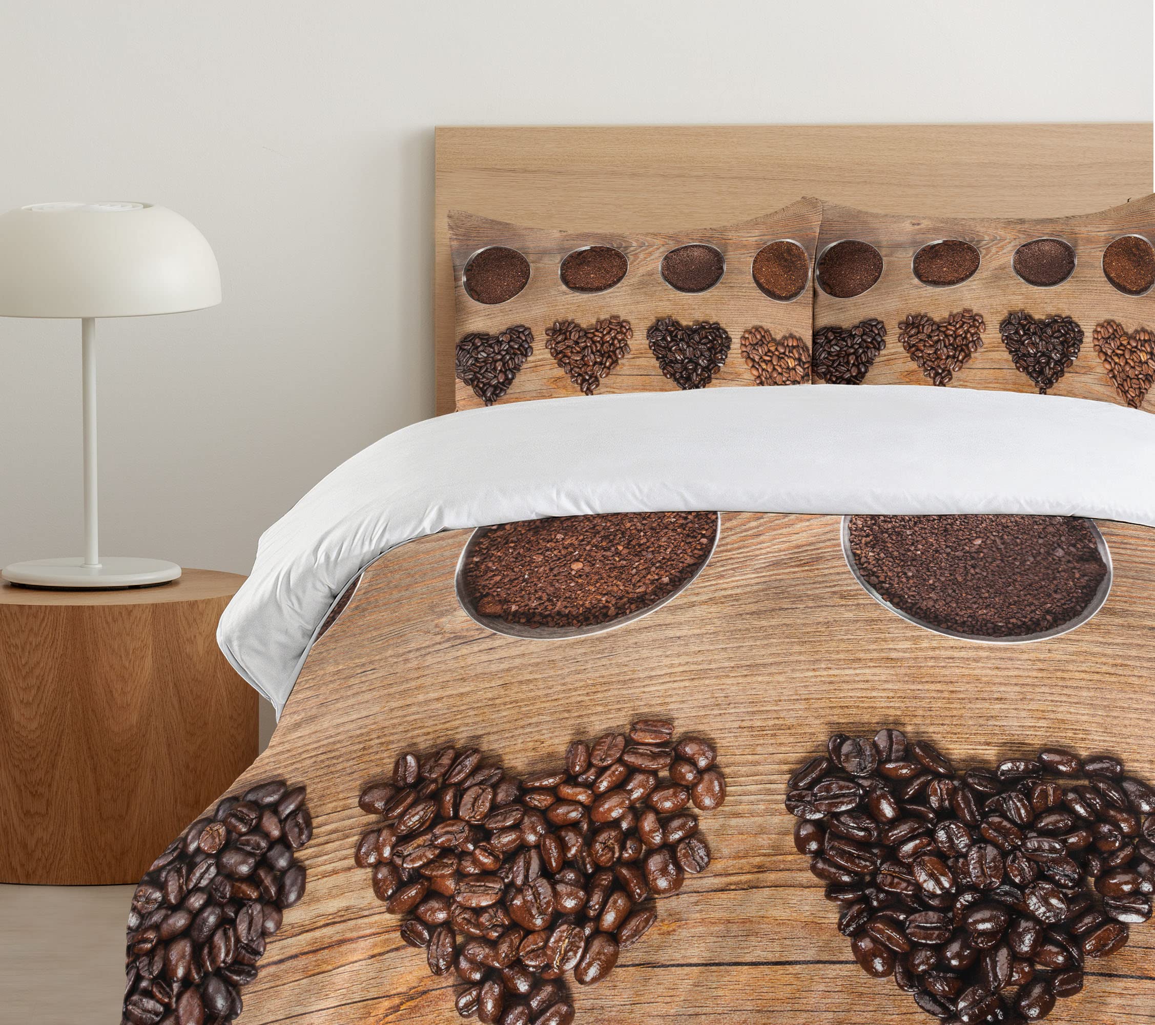 Ambesonne King Size Coffee Duvet Cover Set - Heart-Shaped Coffee Bean Design with 2 Pillow Shams, 3-Piece Dark Brown & Caramel Bedding | Perfect for Coffee Lovers' Bedroom Decor & Cozy Home Styling