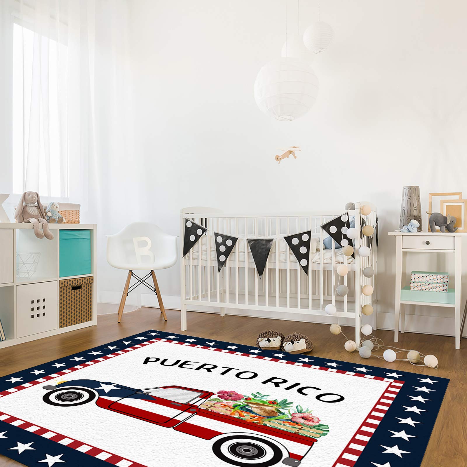 5'x8' Washable Area Runner Rug - Blue Star Border Farm Truck Frog Floral Design for Indoor/Outdoor Use | Perfect for Kitchen, Living Room, Bathroom, Bedroom, Classroom & Laundry Room | Non-Slip Doormat & Desk Mat
