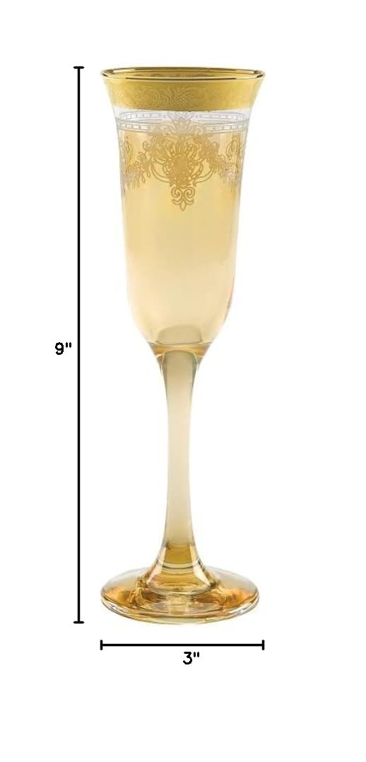 Elegant Modern Glass Drinkware Set - 9 oz Amber Flutes with Gold Band, Set of 6 - Perfect for Hosting Parties, Weddings & Special Events - Stylish Barware for Champagne, Cocktails & Celebrations