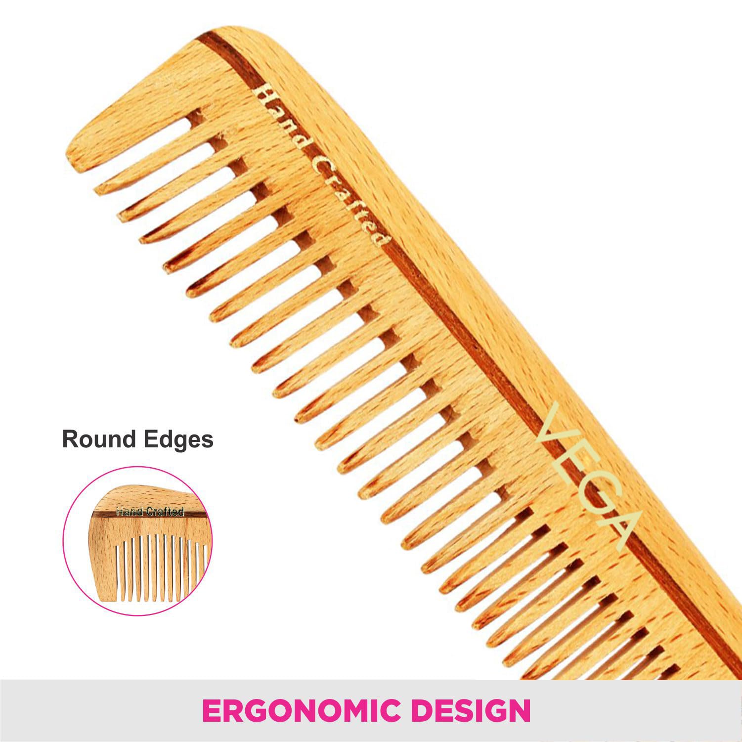 Vega Pocket Wooden Hair Comb - Handmade Natural Wood Comb for Men & Women - India's No.1 Hair Comb Brand (HMWC-07) - Perfect for Travel, Home & Salon Use