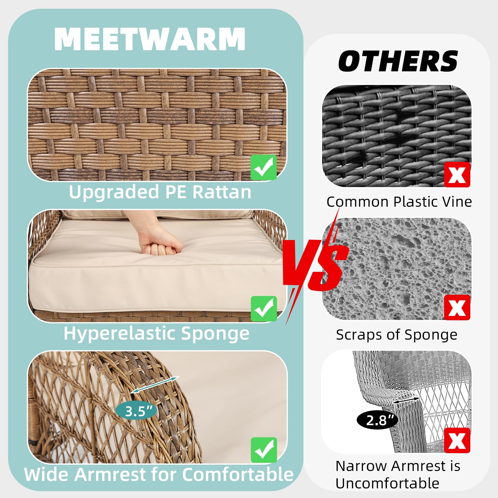 MEETWARM Outdoor Wicker Patio Rocking Chair Set of 2 - Cushioned Rattan Rocker with Steel Frame & Weather-Resistant Beige Cushions - Perfect for Porch, Deck, Poolside & Garden Relaxation