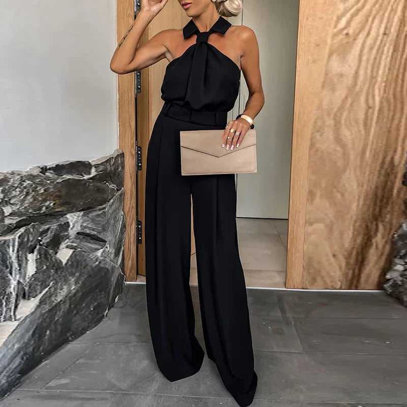 Elegant Solid Color Sleeveless Pocket Jumpsuit for Women - High Waist Off Shoulder Romper with Lapel | Summer Commute & Casual Outfit | Slim Fit Playsuit for Beach, Party, and Office Wear