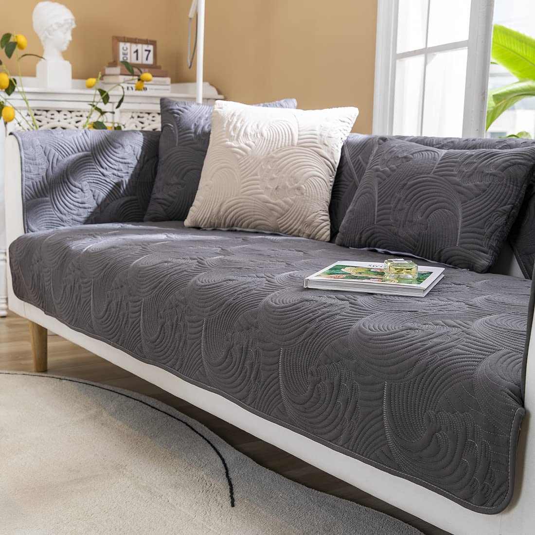 VCTOPS Non-Slip Quilted Cotton Sofa Cover for Pets - Embroidery Couch Protector, Sectional Slipcover for Leather L-Shaped Sofas, Recliners & Love Seats (Dark Gray, 28