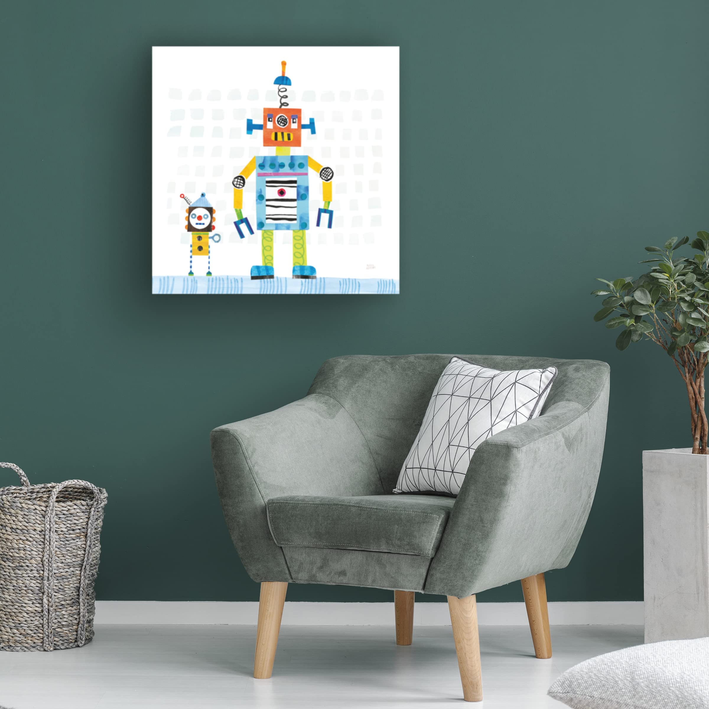 Trademark Fine Art 'Robot Party II on Square Toys' Canvas Wall Art by Melissa Averinos - Perfect for Kids' Room Decor, Playroom & Modern Home Interior