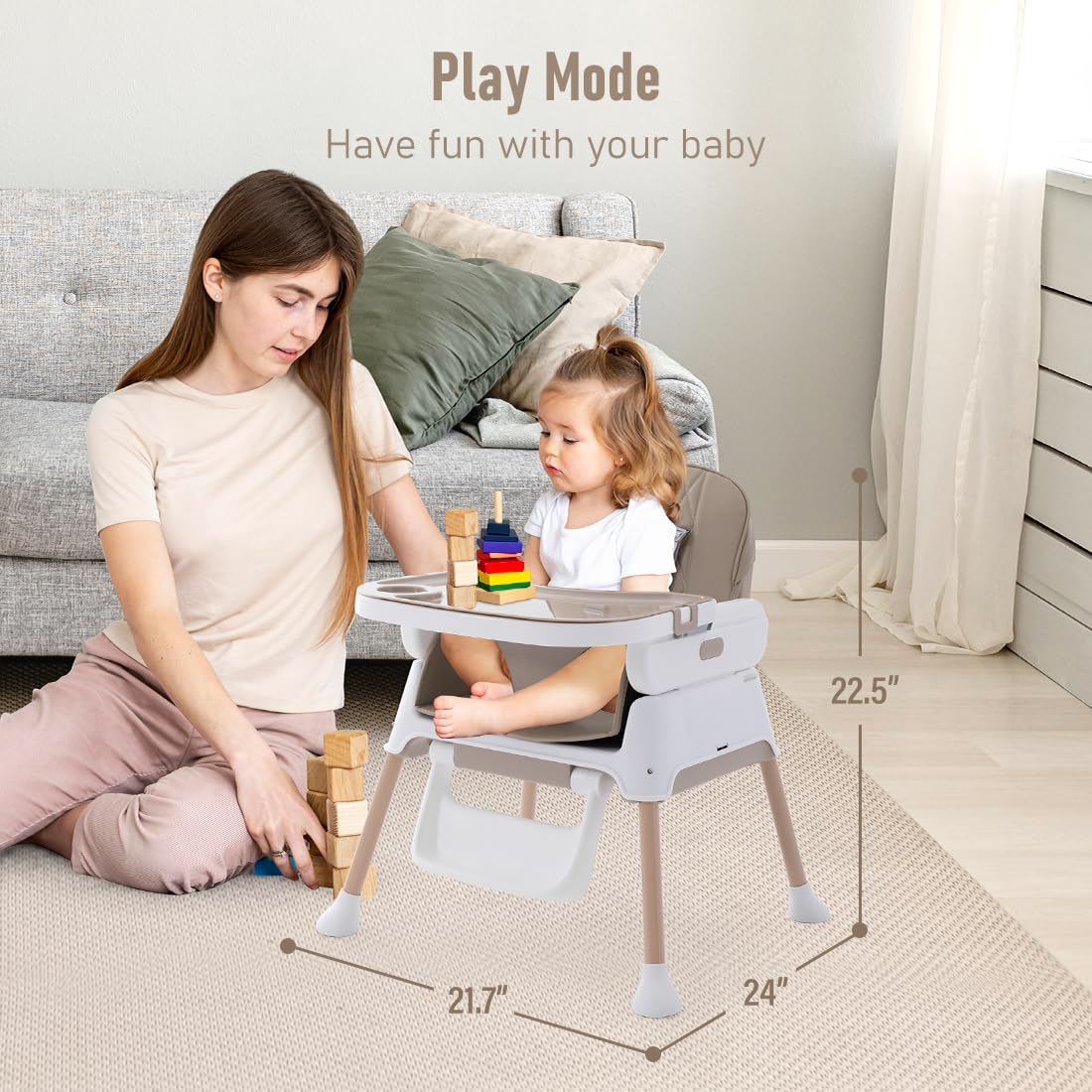 3 in 1 Adjustable Baby High Chair - Convertible Infant Feeding Chair with Detachable Tray & 5-Point Safety Harness | Khaki Color | Perfect for Home Dining, Kitchen & Travel Use