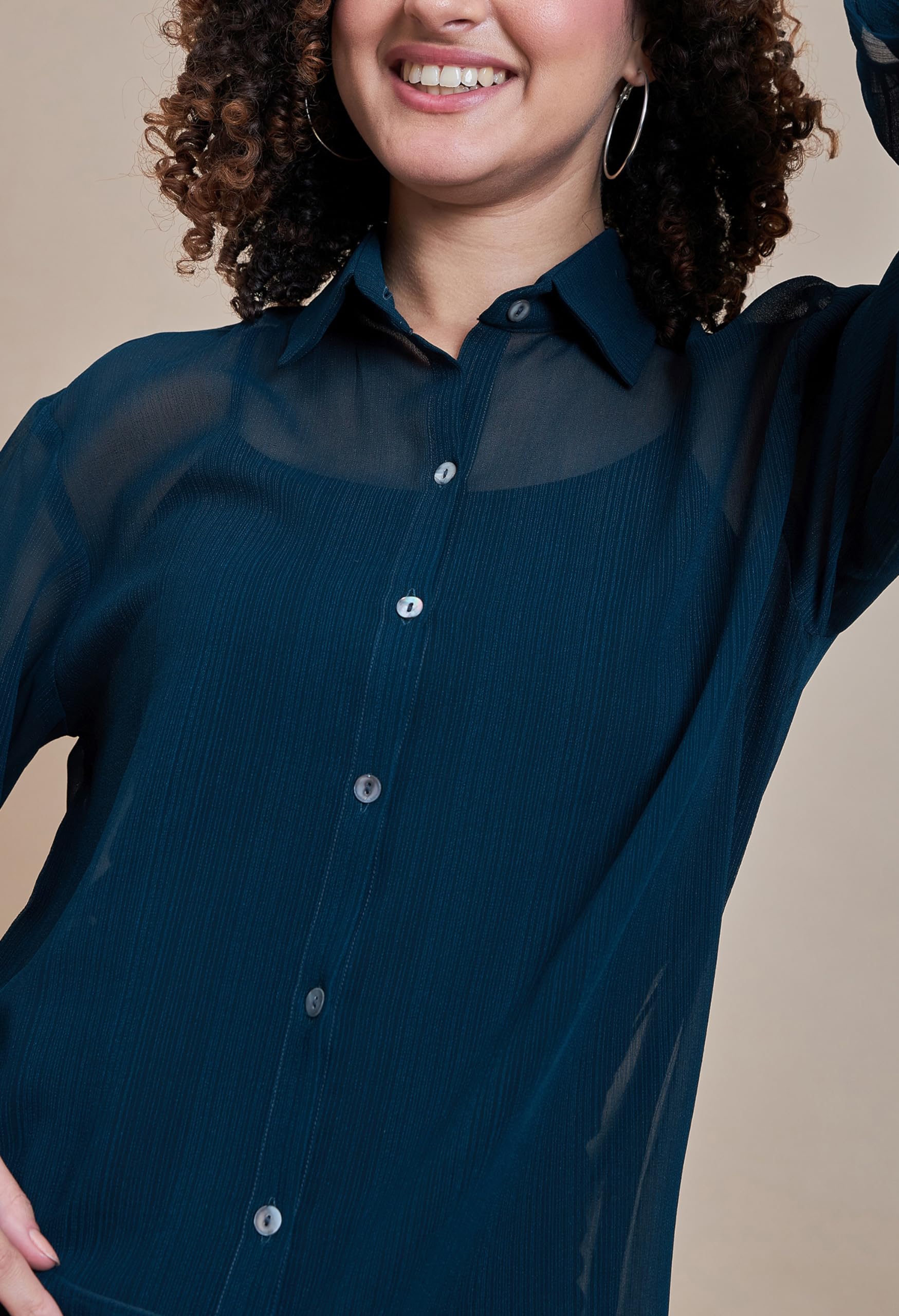 ALL YOURS Women's Solid Sheer Spread Collar Casual Shirt - Stylish Western Tops for Women & Girls | Perfect for Office, Date Night & Everyday Wear
