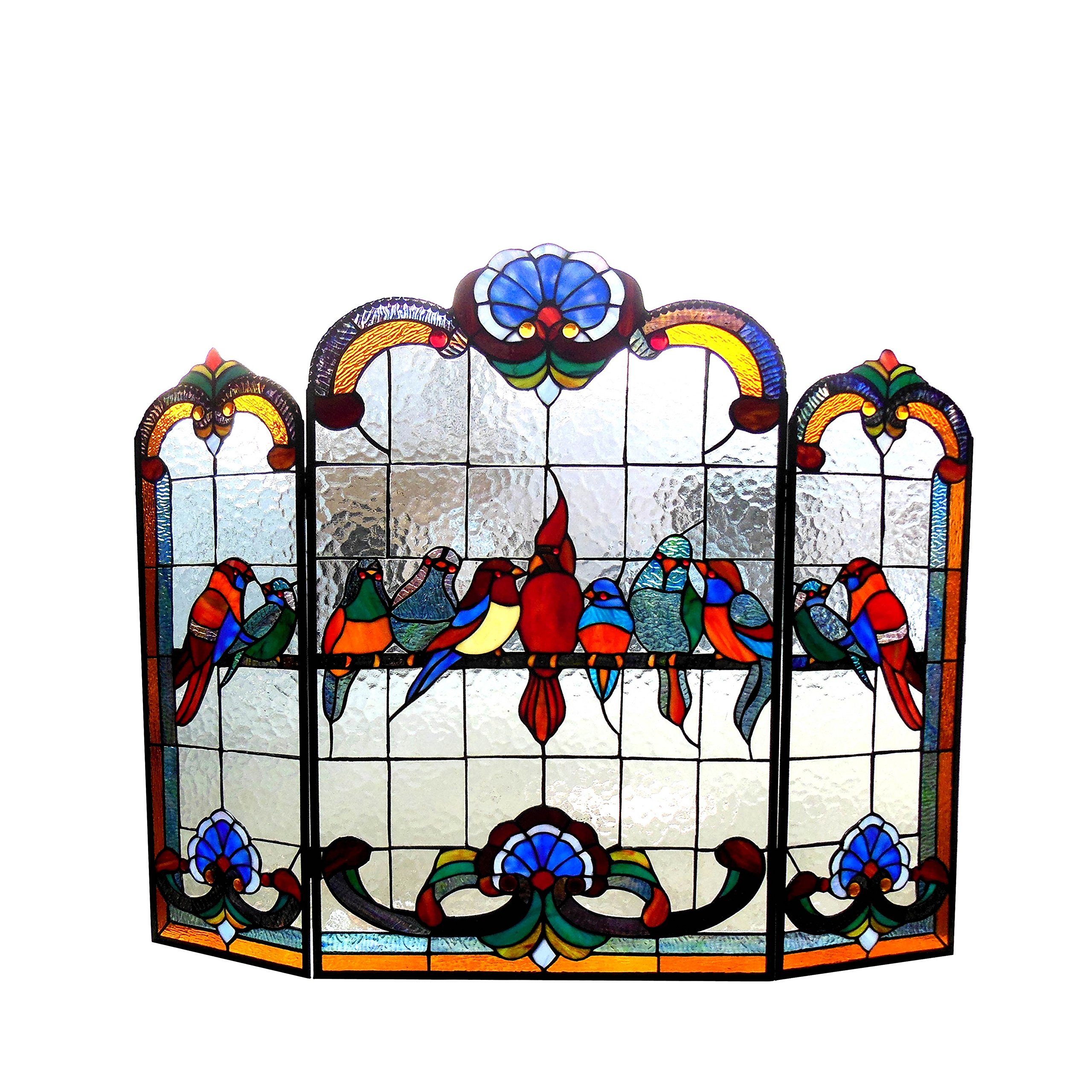 Tiffany Glass 3-Piece Folding Fireplace Screen - 40 Inch Wide Fire Guard for Home Decor & Safety - Perfect for Living Rooms, Bedrooms, and Rustic Interiors