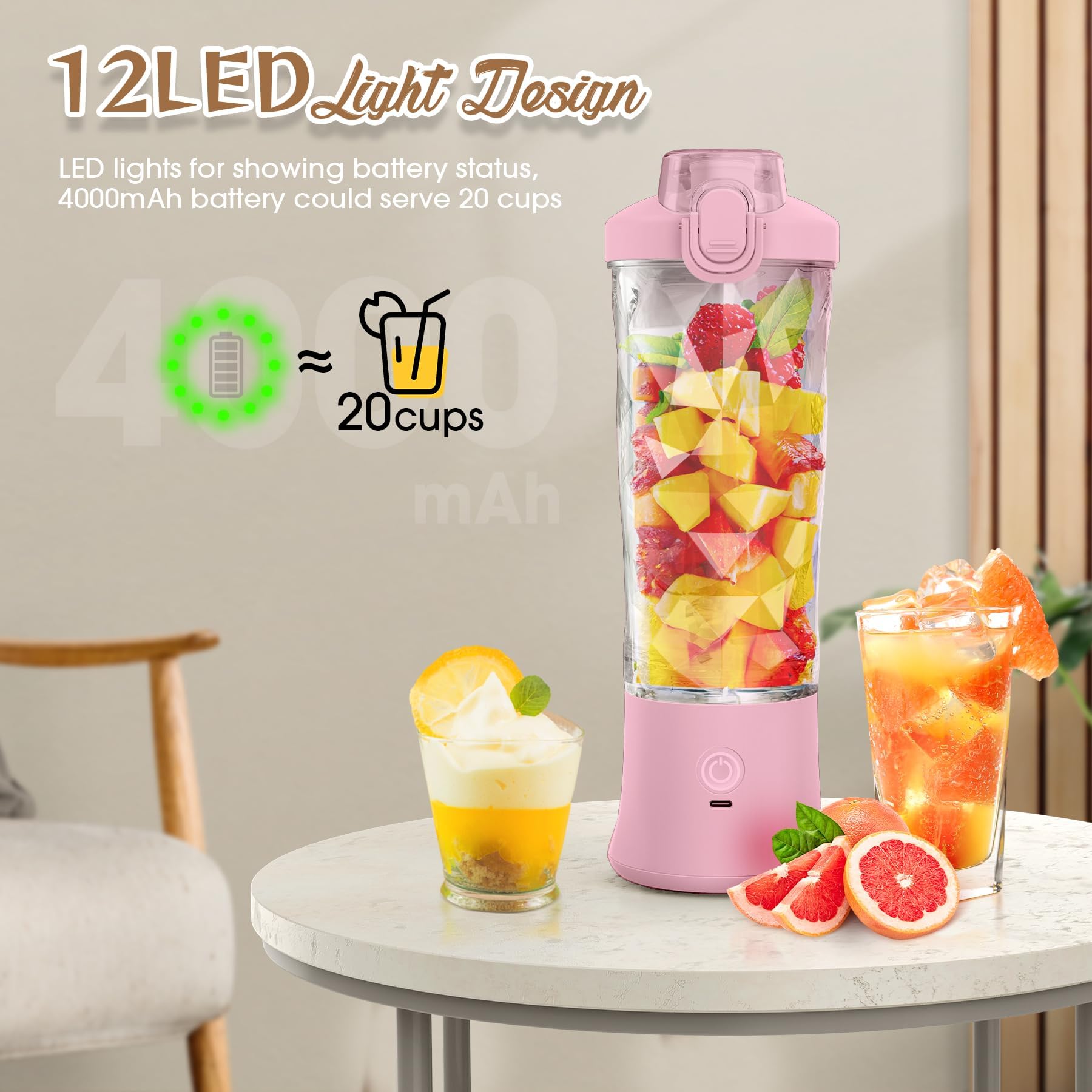 Portable USB Rechargeable Blender - 20oz Mini Personal Blender for Smoothies, Shakes & Protein Drinks - Travel-Friendly Blender Cup with Leak-Proof Lid - Perfect for Home, Office, Gym & Outdoor Activities (Pink)