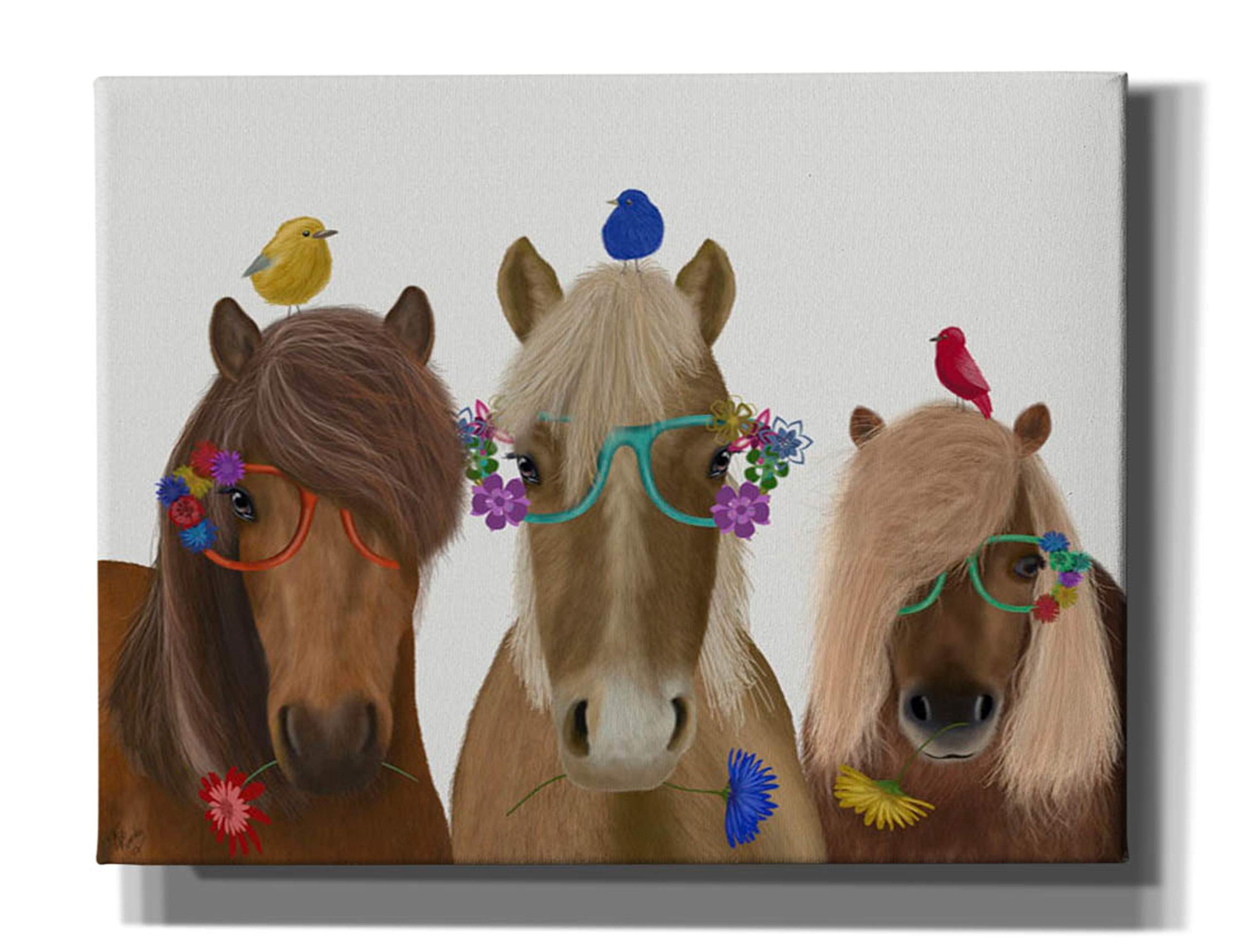 Epic Graffiti 'Horse Trio with Flower Glasses' by Fab Funky - Modern Canvas Wall Art Print 34x26 Inches - Vibrant Home Decor for Living Room, Bedroom & Office