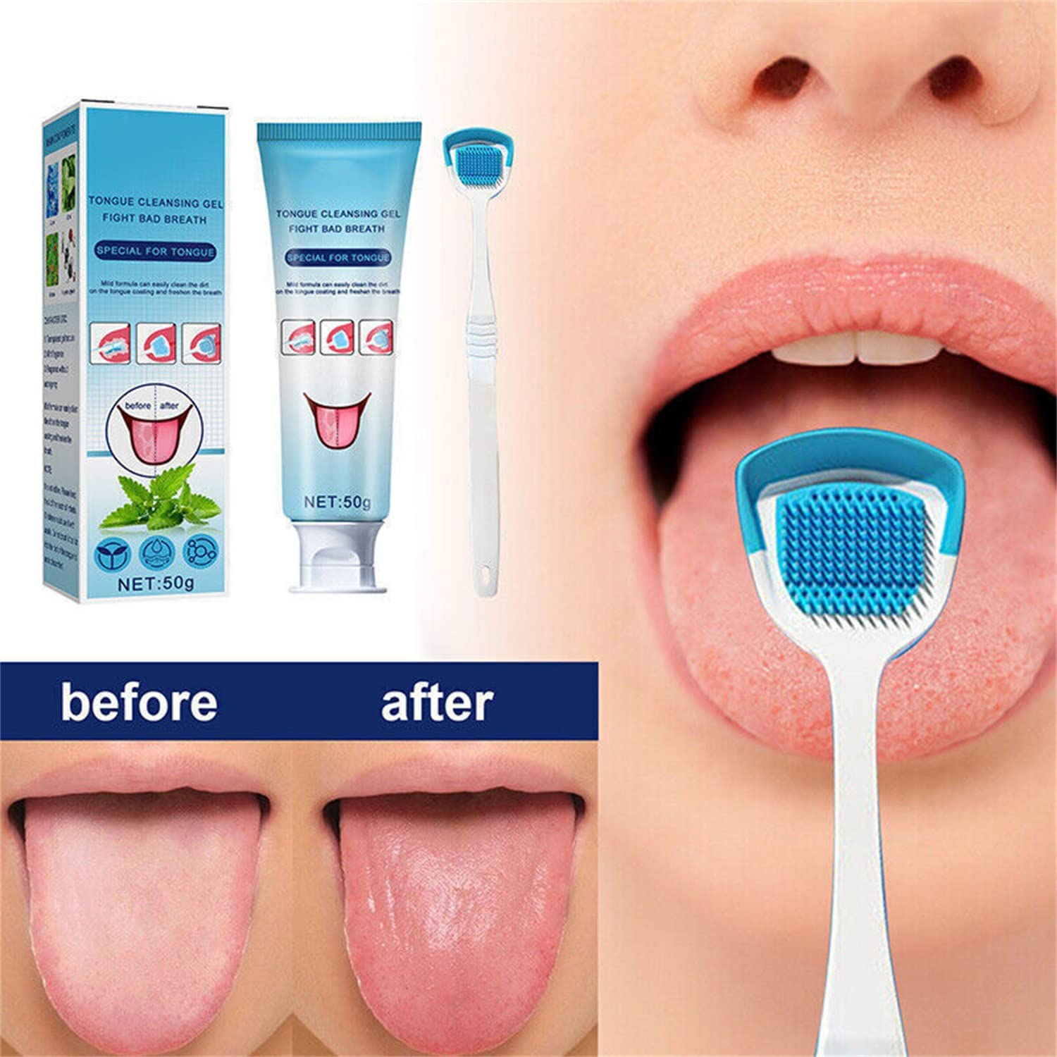 **Tongue Cleaner Scraper & Brush Kit with Fresh Breath Gel - Oral Care for Adults, Removes Bad Breath & Tongue Coating, 50g (2pcs) - Perfect for Daily Hygiene & Travel Use**
