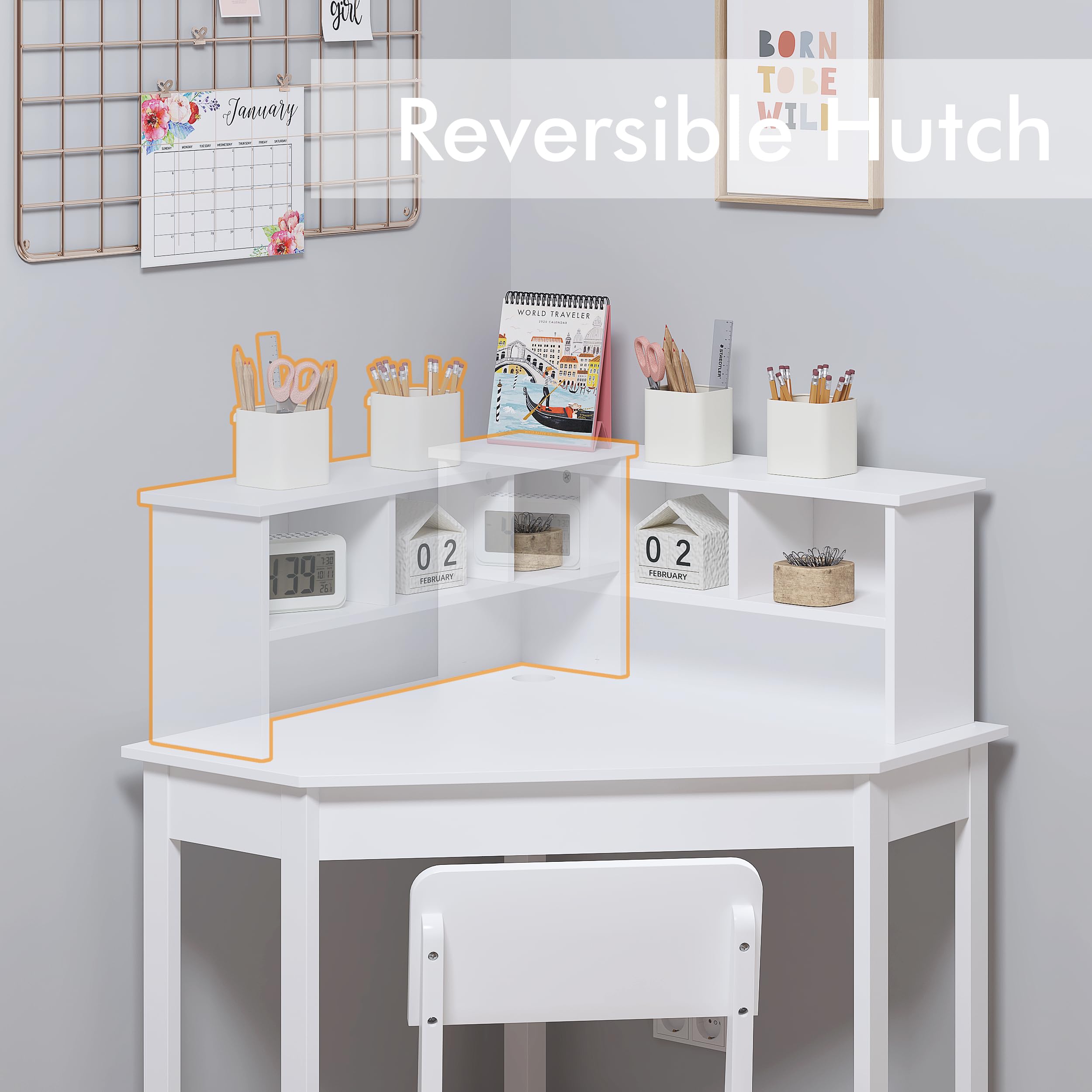UTEX Kids Study Desk and Chair Set with Storage Hutch - White Corner Desk for Children's Room, Homeschooling & Learning Activities