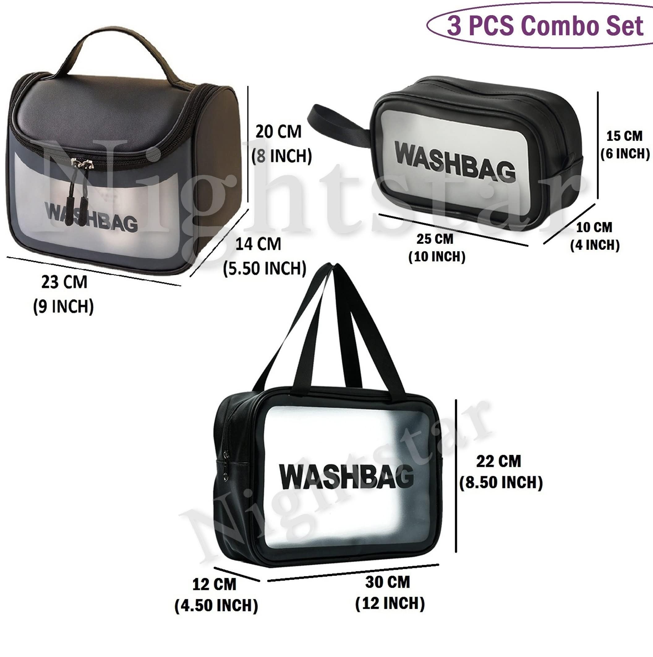 Nightstar Clear PVC Zipper Cosmetic Travel Wash Bag - Waterproof Toiletry & Makeup Organizer Pouch for Women & Girls (3-Pack, Black) - Perfect for Travel, Gym, and Daily Essentials Storage