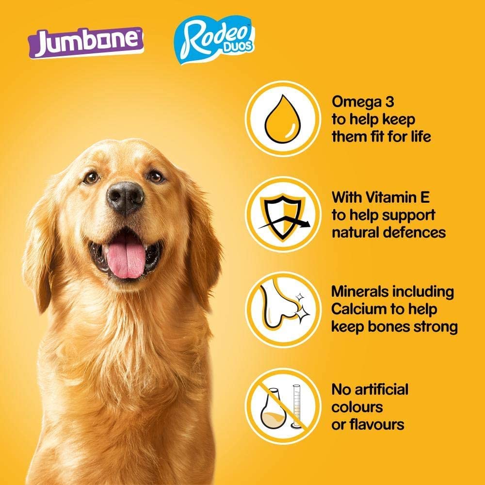 Pedigree Dog Treats Mega Box - 24 Rodeo Duos Chicken & Bacon + 4 Jumbone Beef & Poultry Flavor Snacks for Large & Small Dogs | Training Rewards, Chewing Fun & Daily Treats