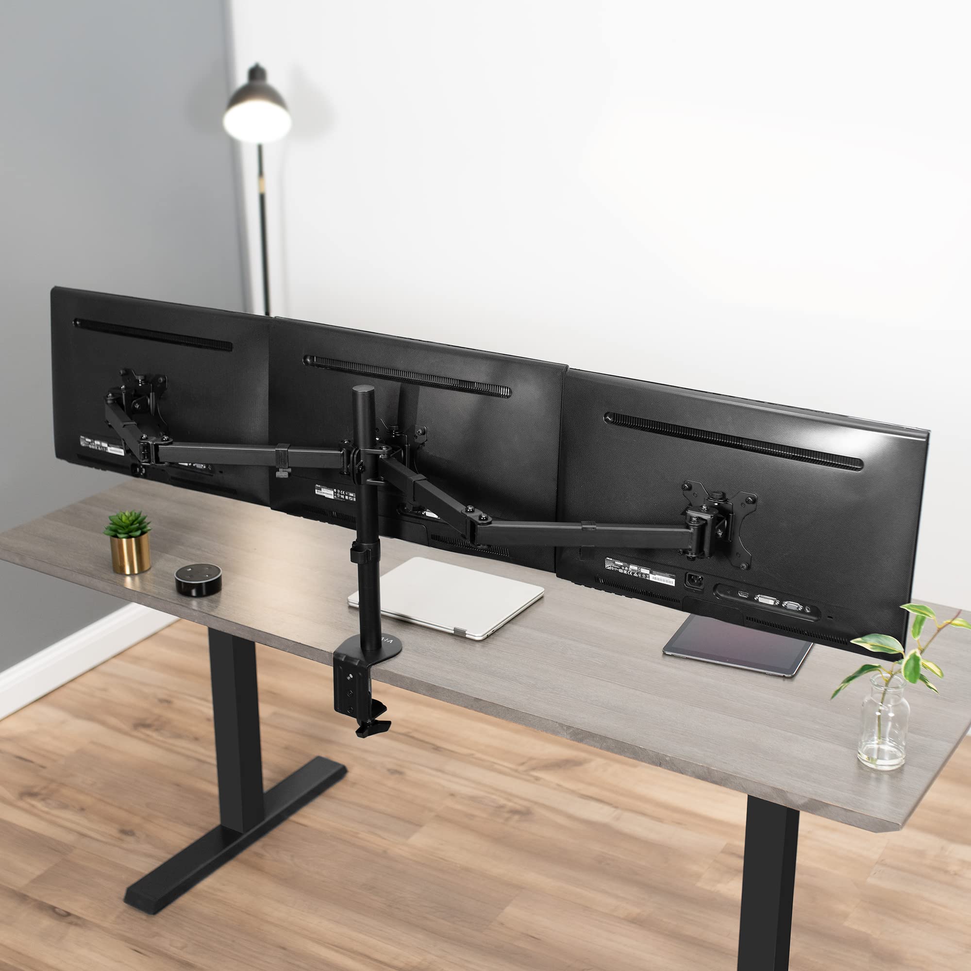 VIVO Triple Monitor Stand for 24 Inch Screens - Adjustable Articulating 3 Screen Desk Mount with Full Motion Tilt, Swivel & Rotation - Heavy Duty Black Monitor Arm STAND-V003Y for Home Office, Gaming & Workspace Setup
