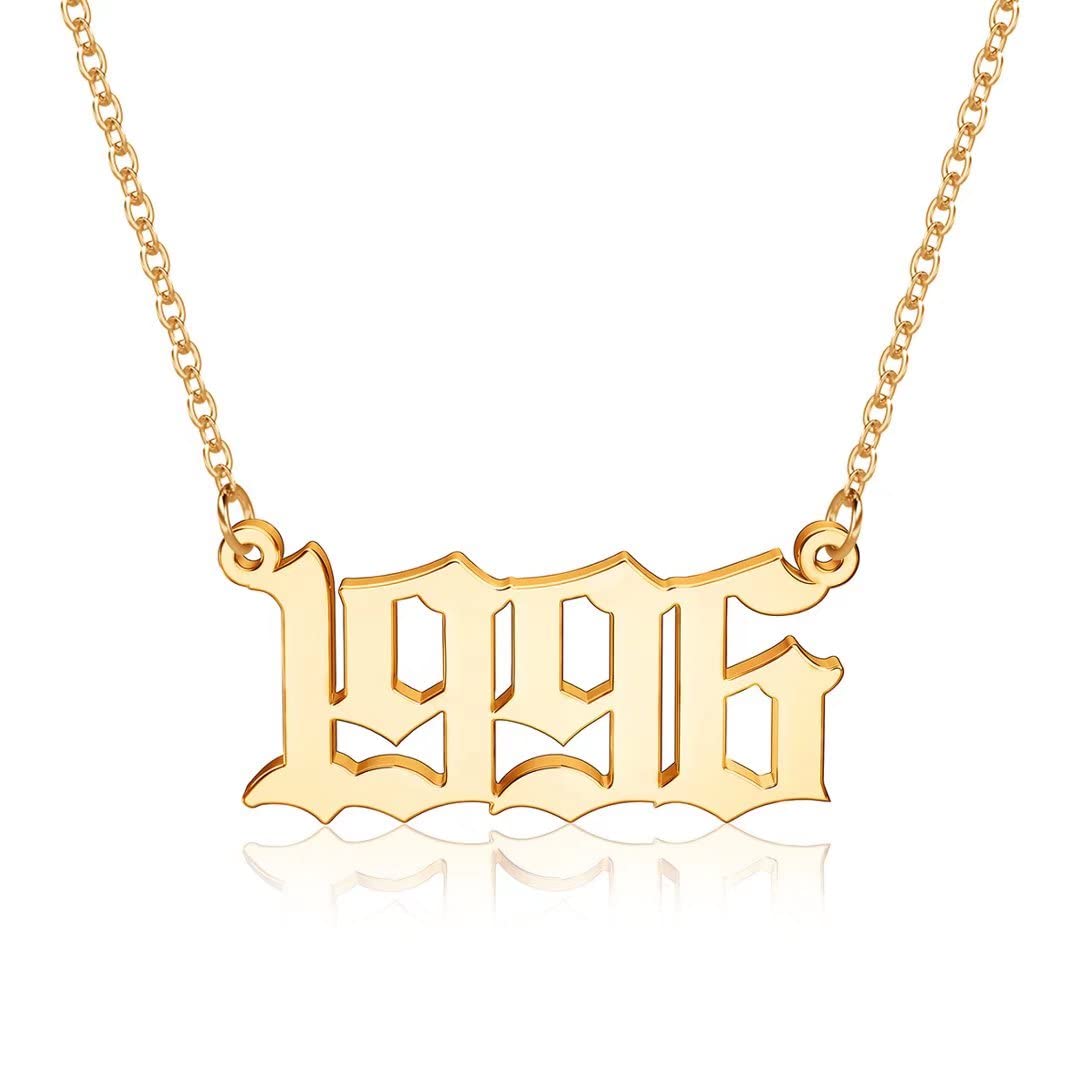 18K Gold Plated Old English Birth Year Necklace for Women - Personalized Number Pendant Jewelry Gift (1970-2021) | Birthday, Anniversary & Mother's Day Present | Perfect for Everyday Wear, Special Occasions & Gift Giving