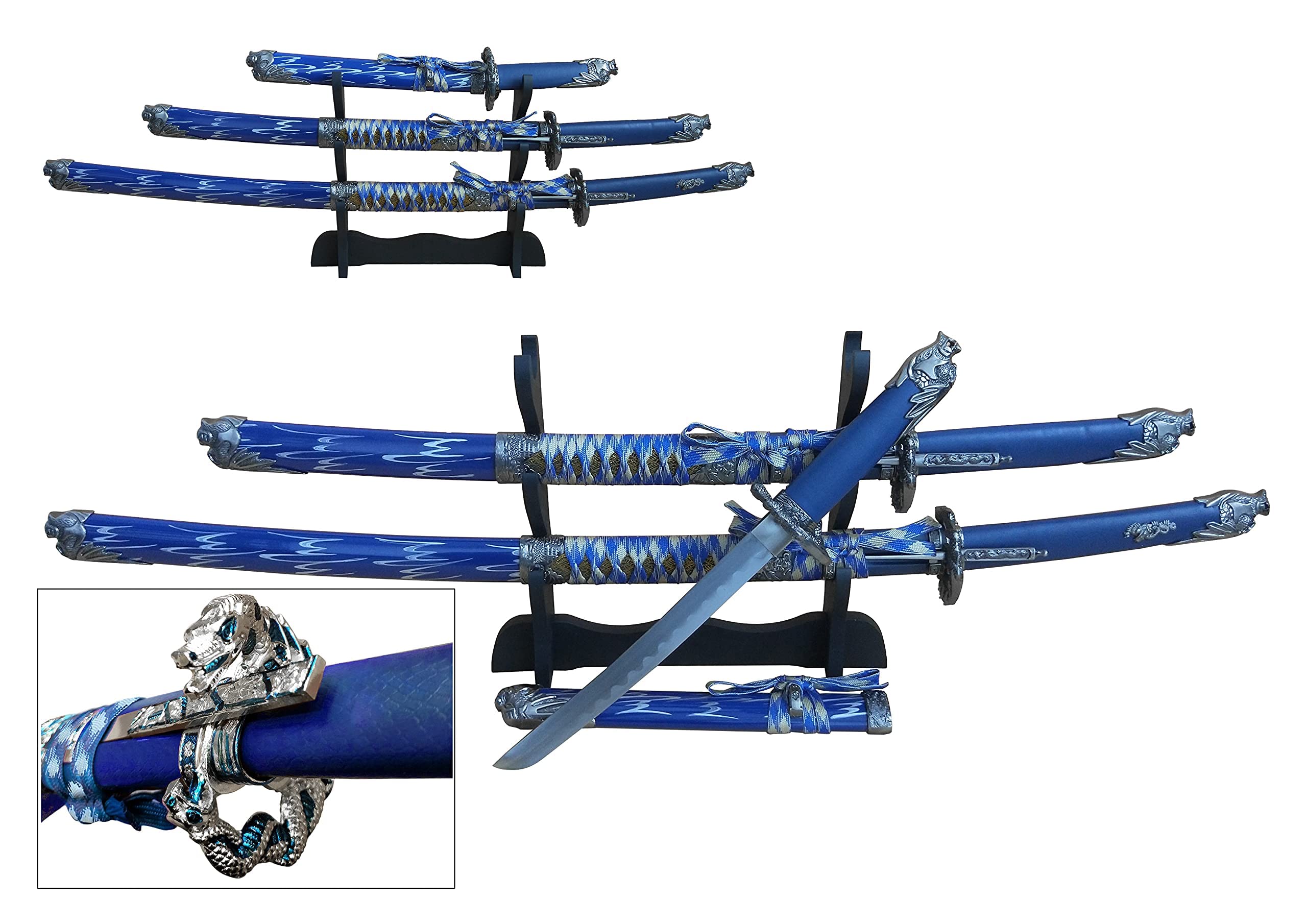 Snake Eye Tactical Highlander Dragon Design Samurai Katana Triple Sword Set with Display Stand - Perfect for Martial Arts Training, Cosplay, and Collectors