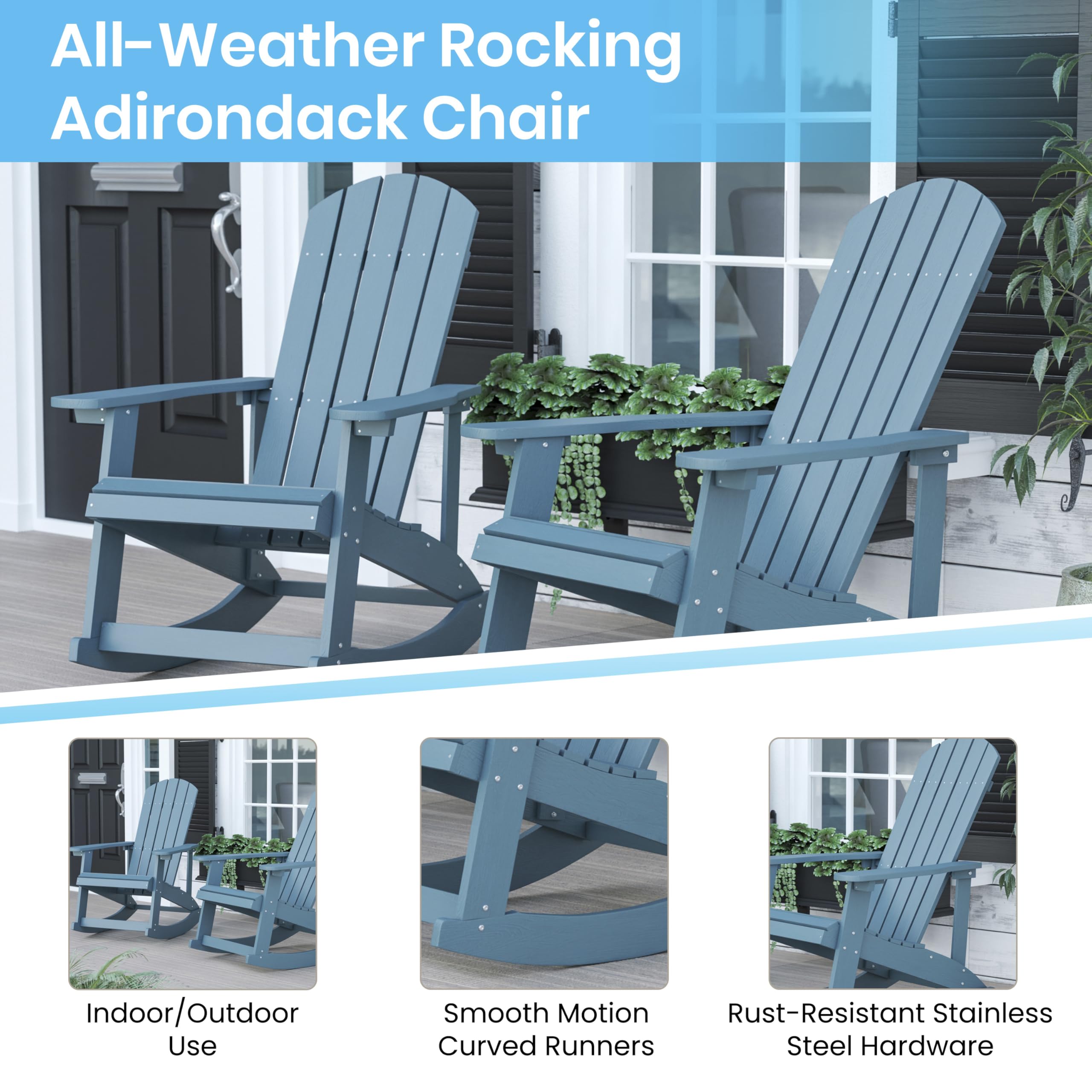 Flash Furniture Savannah Poly Resin Wood Adirondack Rocking Chair Set of 2 - All-Weather Sea Foam Polystyrene - Stainless Steel Hardware - Perfect for Patio, Garden & Poolside Relaxation