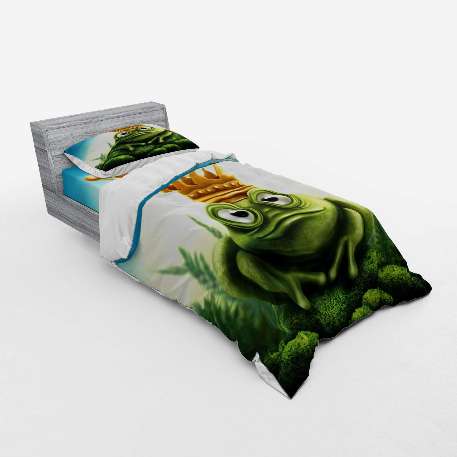 Ambesonne King Size 3-Piece Bedding Set - Frog Prince Cartoon Design on Moss Stone with Crown, Twin Duvet Cover with Sham & Fitted Sheet, Forest Green & Yellow | Perfect for Kids' Rooms, Fairy Tale Themed Bedrooms & Whimsical Home Decor