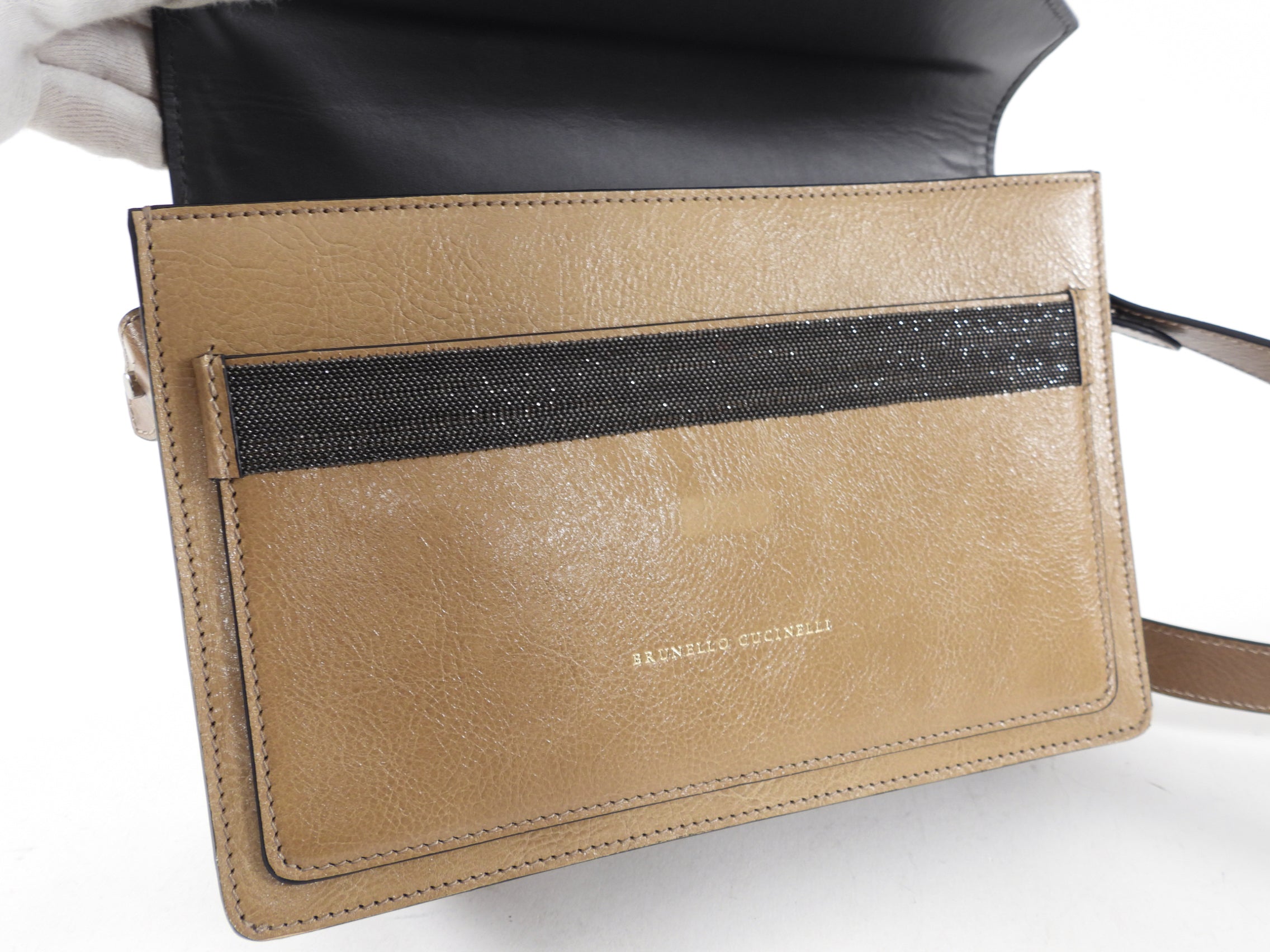 Brunello Cucinelli Beige Leather Monili Envelope Crossbody Bag for Women | Luxury Designer Handbag | Perfect for Work, Travel & Evening Events