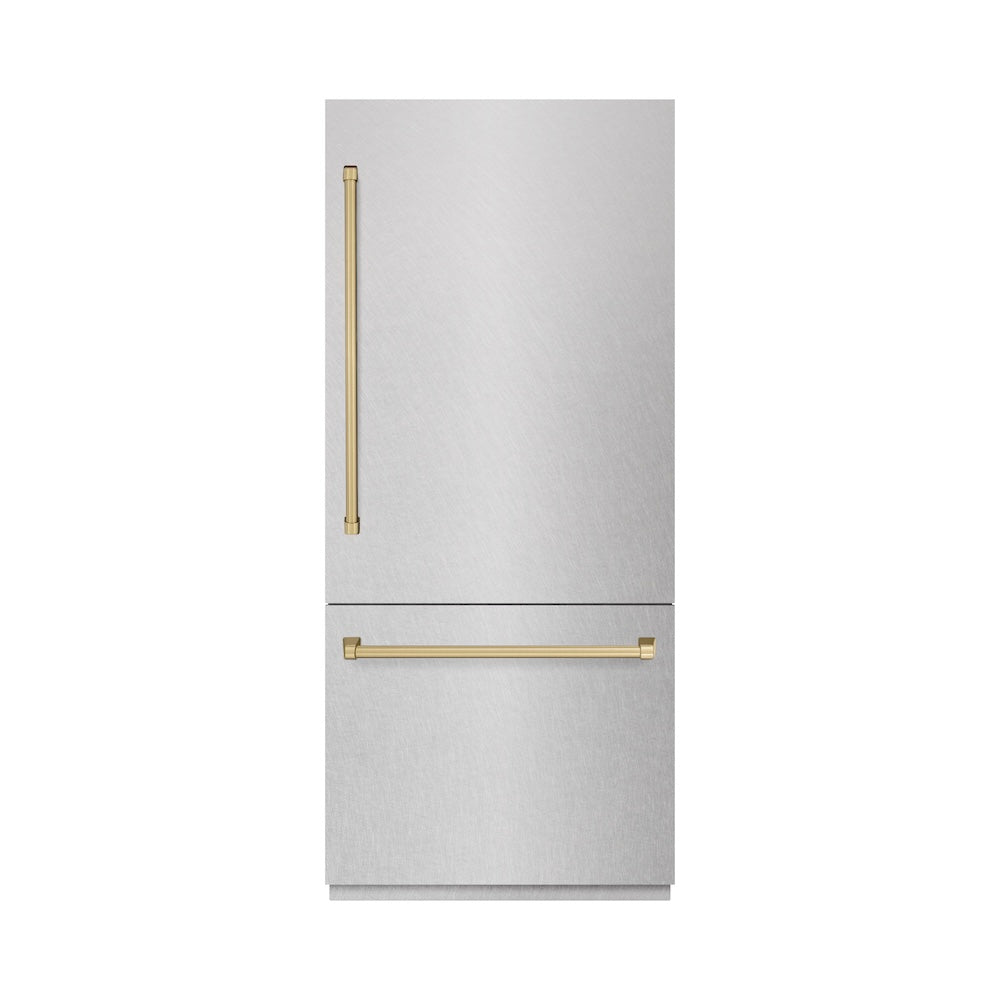 ZLINE Autograph Edition 36 Inch Built-In Bottom Freezer Refrigerator - 19.8 cu.ft Capacity with Water Dispenser & Ice Maker - Satin Stainless Steel with Champagne Bronze Accents (RBITZ SN 36 CB) - Perfect for Modern Kitchens, Open-Concept Homes & Luxury Appliances Collection