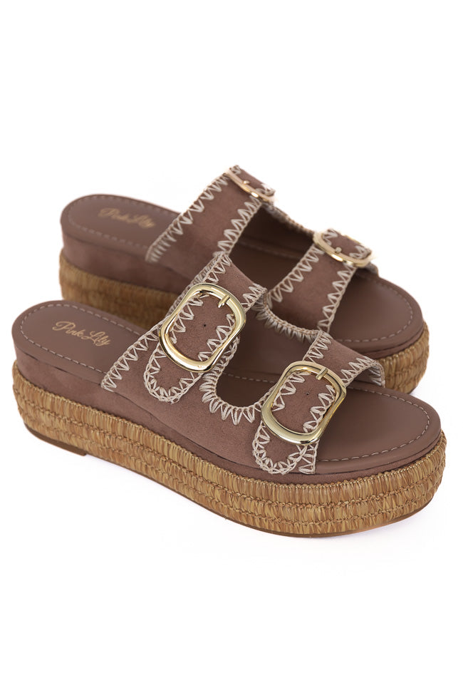 Airelle Suede & Embroidered Double Buckle Platform Sandals for Women - Comfortable Summer Wedge Heels | Perfect for Beach, Vacation & Casual Outfits