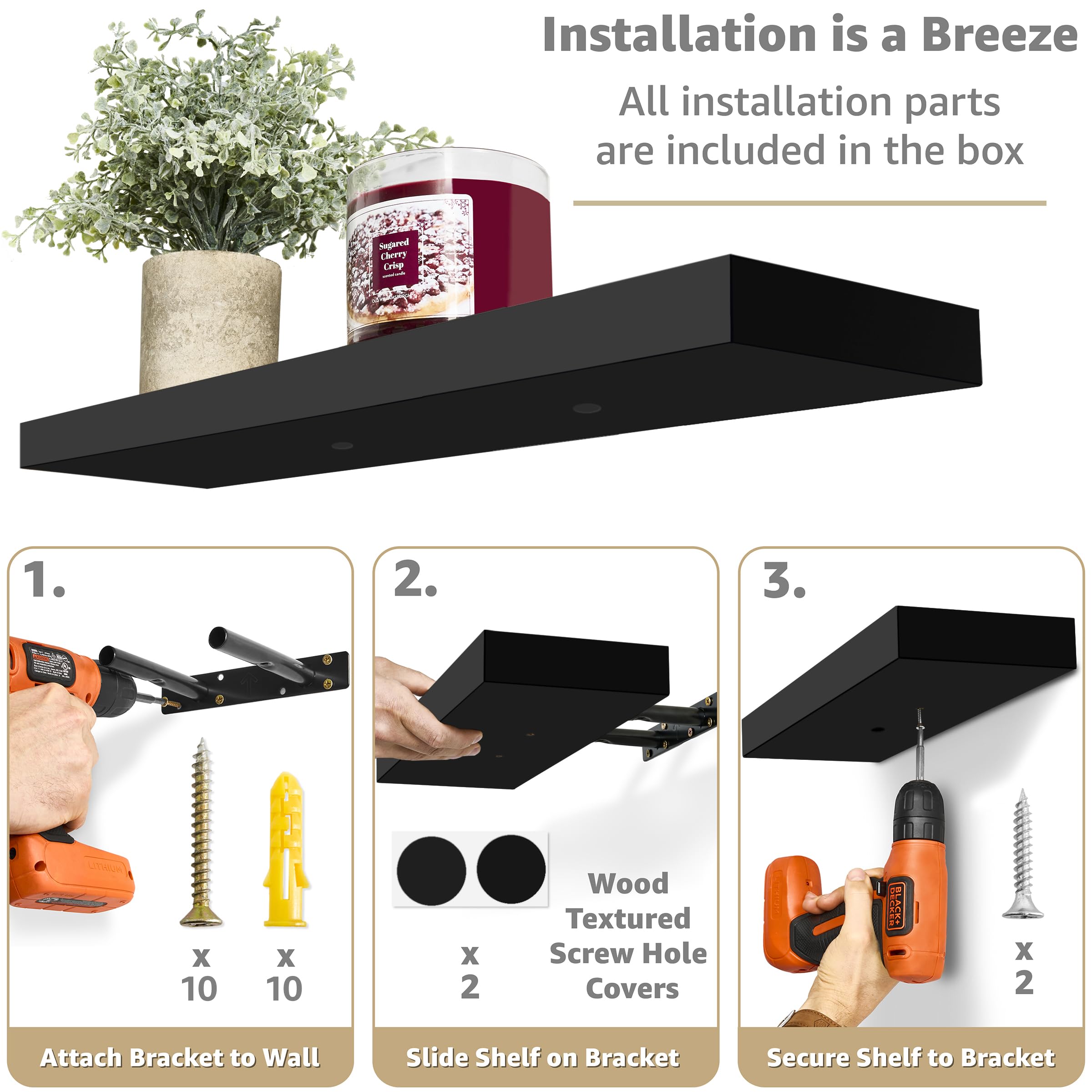 Sorbus 24 Inch Floating Shelves Set of 3 - Black Wall Mounted Shelves for Home Decor, Books & Storage - Invisible Bracket Design for Bedroom, Kitchen, Bathroom & Office Organization