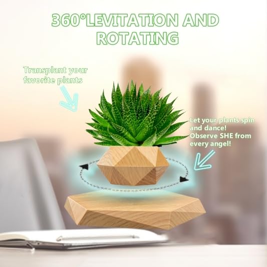 Levitating Plant Pot - Small 360° Rotating Floating Flower Pot for Home & Office Decor | Unique Levitating Display for Desk, Shelf or Tabletop | Perfect for Succulents, Air Plants & Small Decorations (Yellow)