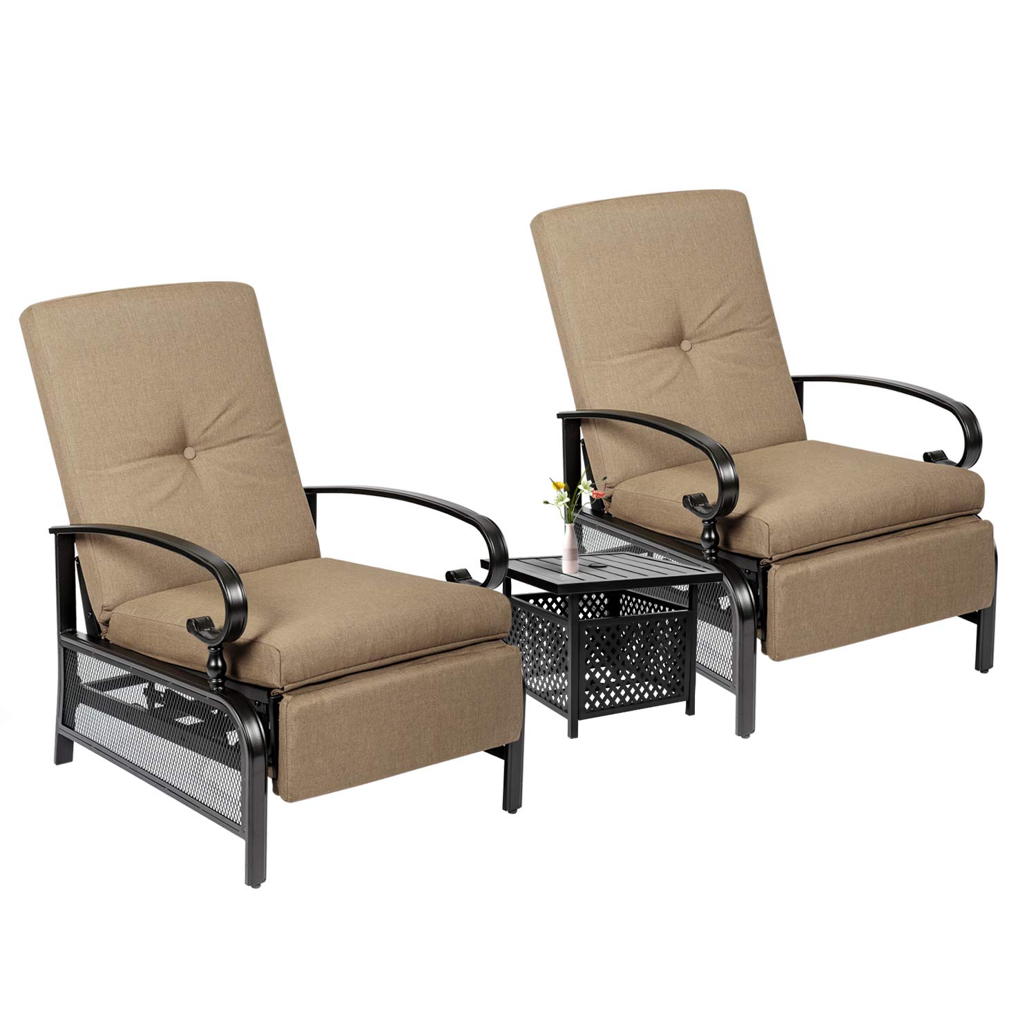 **Crownland 3-Piece Outdoor Lounge Chair Set with Adjustable Reclining Patio Chairs & Umbrella Bistro Table - Water-Resistant Cushions (Brown) - Perfect for Backyard, Poolside, and Garden Relaxation**