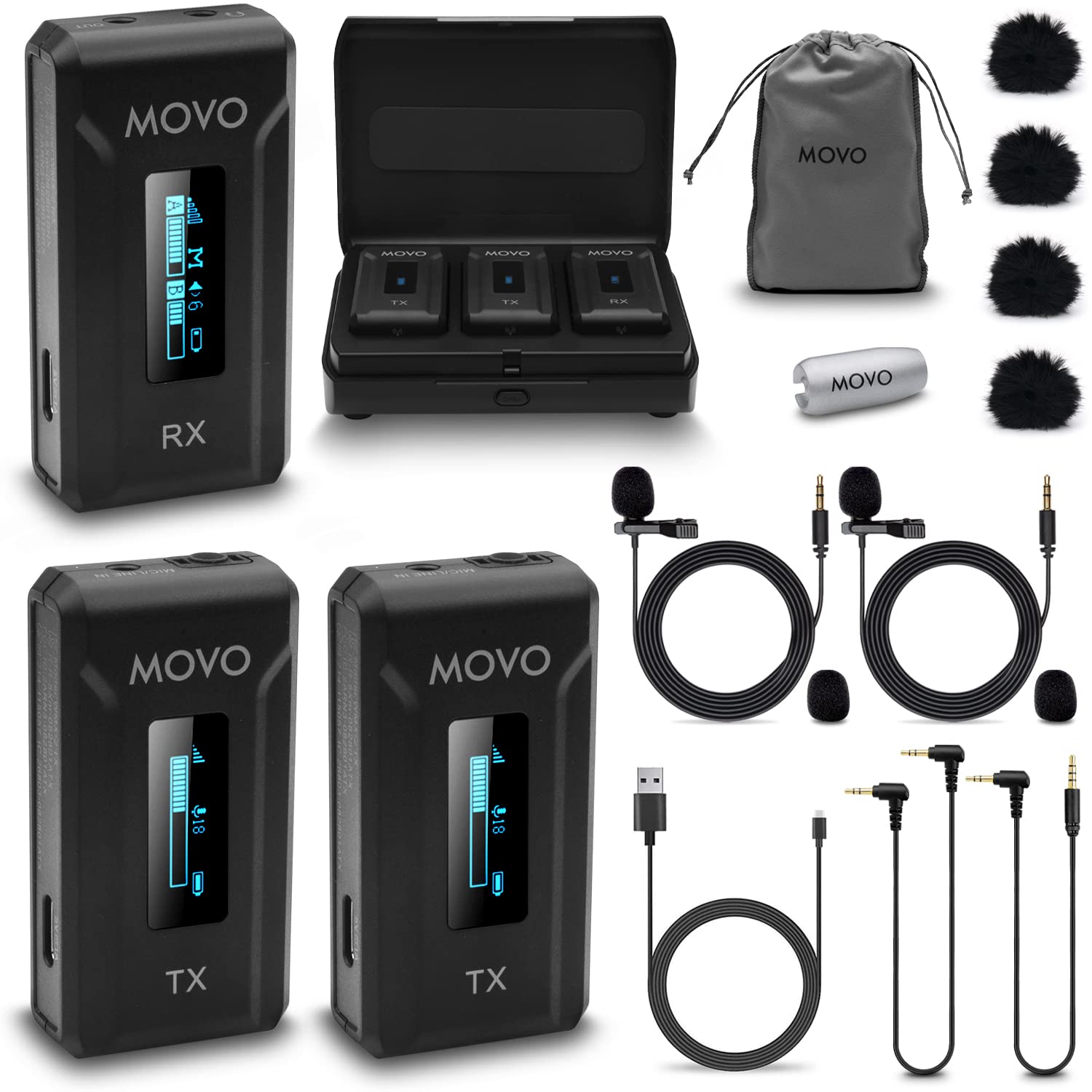 Movo WMX-2-DUO Wireless Lavalier Microphone with Charging Case - 2.4GHz Clip-on Mic for Vlogging, YouTube, Podcasting, DSLR, Computer, Smartphone - Perfect for Content Creators, Interviews & Live Streaming