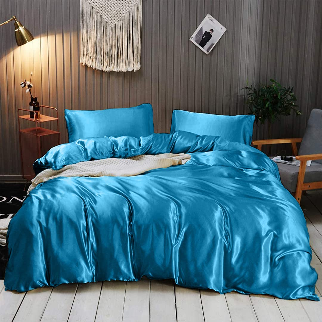 Luxury 7-Piece California King Silk Satin Sheet Set - Breathable Cooling Hotel Quality Bedding with Deep Pockets - Wrinkle-Free Turquoise Blue Duvet Cover & Pillowcases - Perfect for Hot Sleepers & Upscale Bedroom Decor