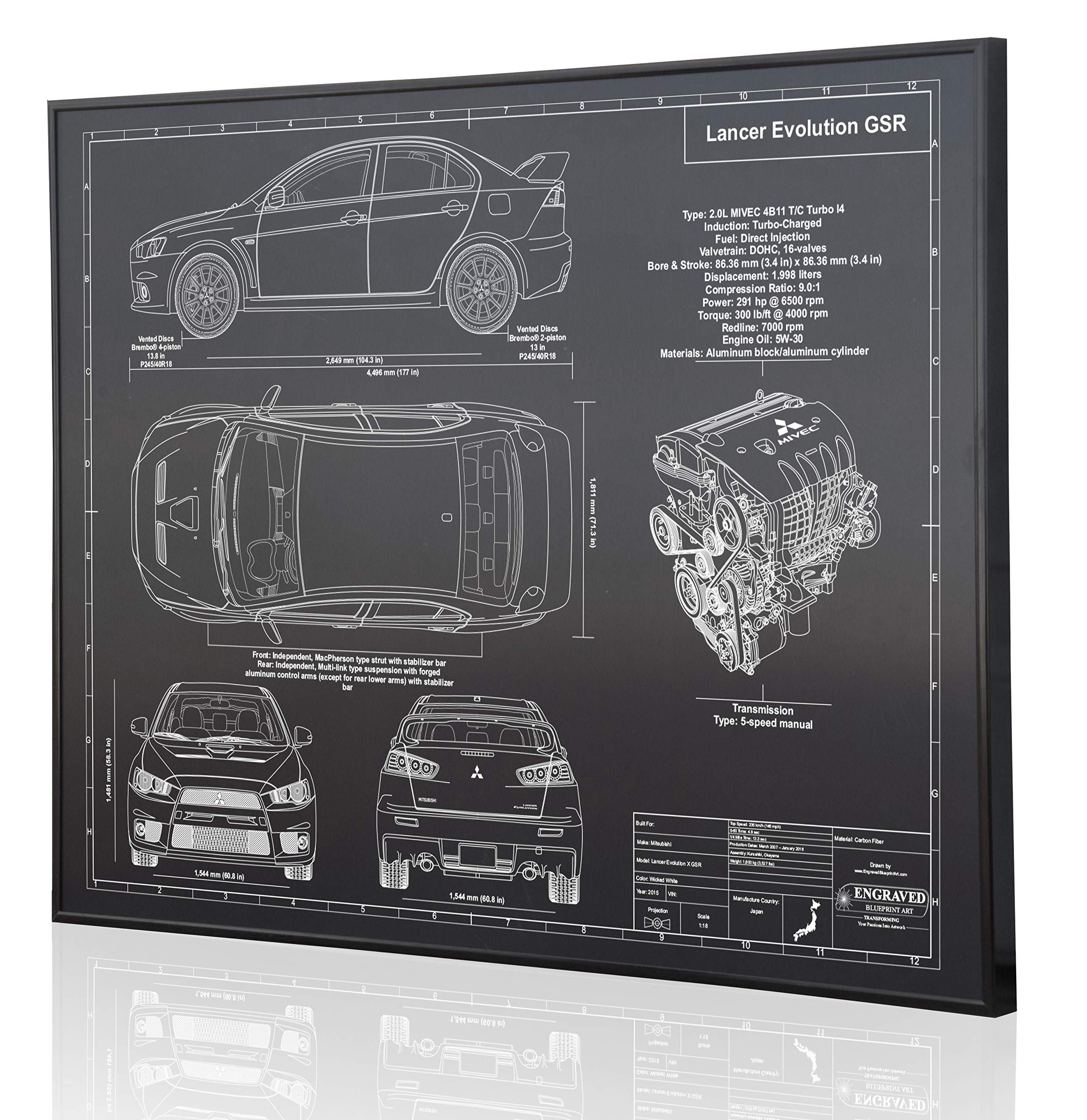 Mitsubishi Lancer Evolution X Blueprint Artwork - Laser Engraved Custom Car Decor - Perfect Gift for Mitsubishi Enthusiasts - Home Office Wall Art & Man Cave Decor