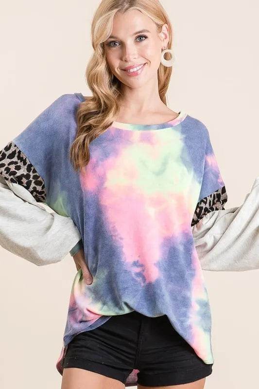 BiBi Tie Dye Terry Top with Contrast Puff Sleeves | Trendy Women's Fashion Tops | Perfect for Summer Outfits, Beach Wear & Casual Street Style