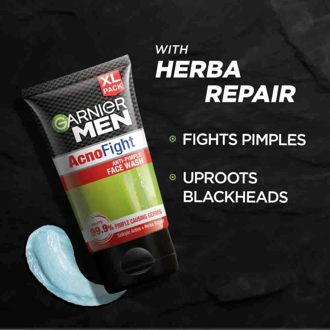 Garnier Men Acno Fight Anti Pimple Face Wash with Salicylic Acid & Herba Repair - 150g Oil-Free Cleanser for Acne-Prone Skin | Daily Use for Clear, Healthy Skin at Home or Gym