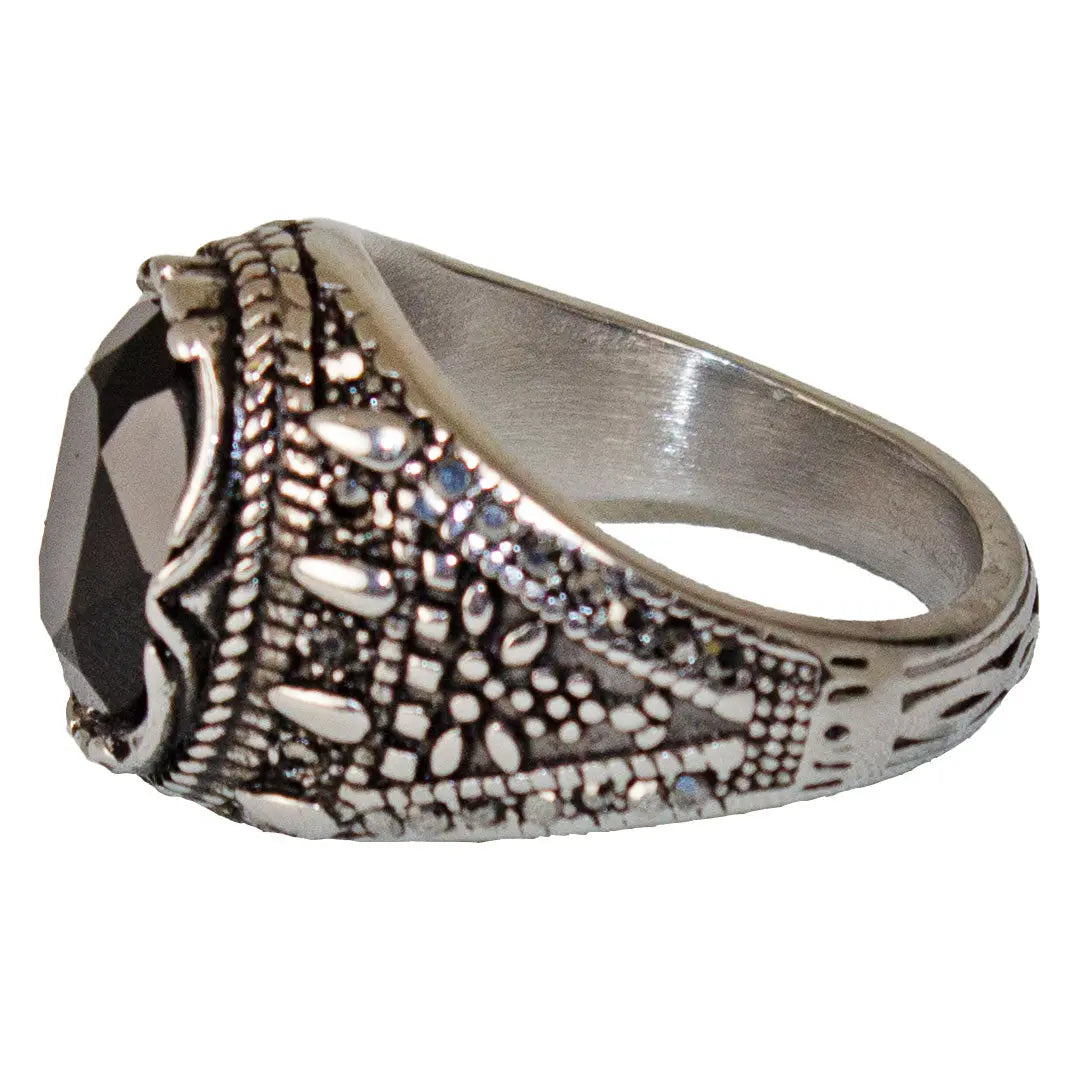 SteelTime Men's Gothic Stainless Steel Ring with Black Simulated Diamond - Perfect for Gothic Fashion, Punk Style & Alternative Jewelry Lovers