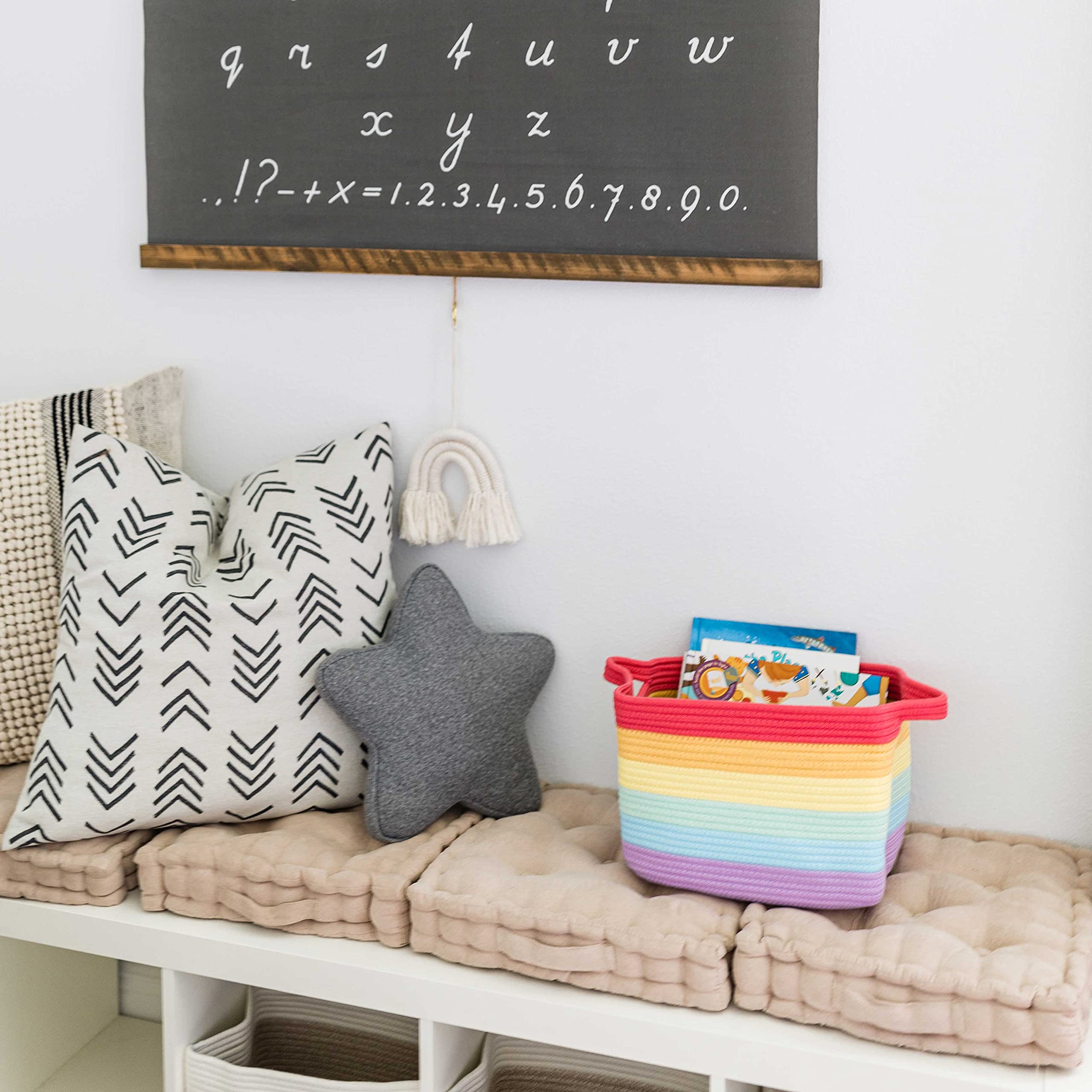 OrganiHaus Cotton Rope Storage Basket for Kids Room - 14x9 Inch Woven Toy Organizer, Decorative Baby Bin, Magazine Holder - Perfect for Nursery Shelves, Playroom Organization & Rainbow-Themed Decor