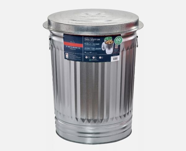 31 Gallon Galvanized Steel Round Trash Can with Lid - Heavy Duty Metal Garbage Bin for Kitchen, Office, Outdoor Use - Rustproof & Durable Household Waste Container (Grey)