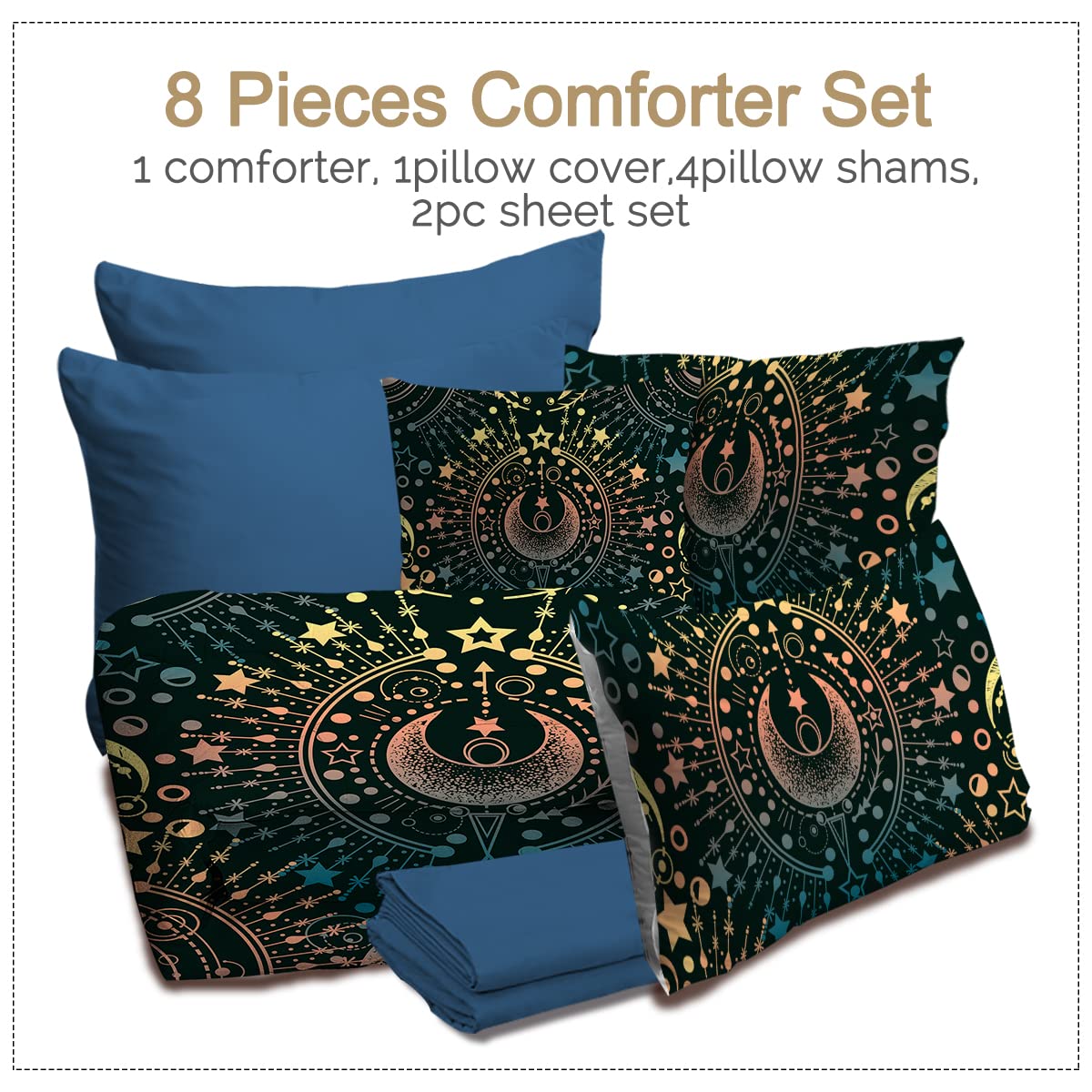 BlessLiving 8-Piece Moon Comforter Set - Teal, Yellow, Pink Star Bedding with Astrology Design, Includes 1 Comforter, 2 Pillow Shams, 1 Flat Sheet, 1 Fitted Sheet, 1 Cushion Cover - Queen Size for Cozy Bedroom Decor & Teen Girls' Room