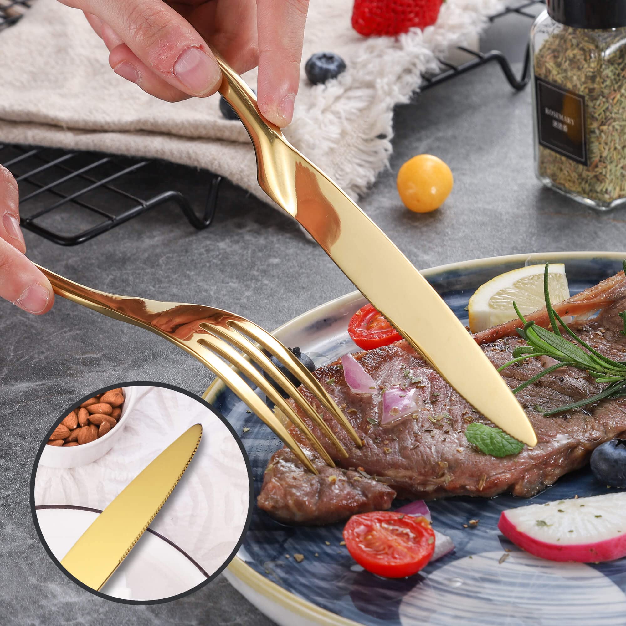 24-Piece Gold Silverware Set for 6 - Premium 18/10 Stainless Steel Cutlery Set with Forged Knife Stand | Modern Flatware Utensils Set Includes Forks, Spoons & Knives | Mirror Polished & Dishwasher Safe | Perfect for Dinner Parties, Weddings & Upscale Dining