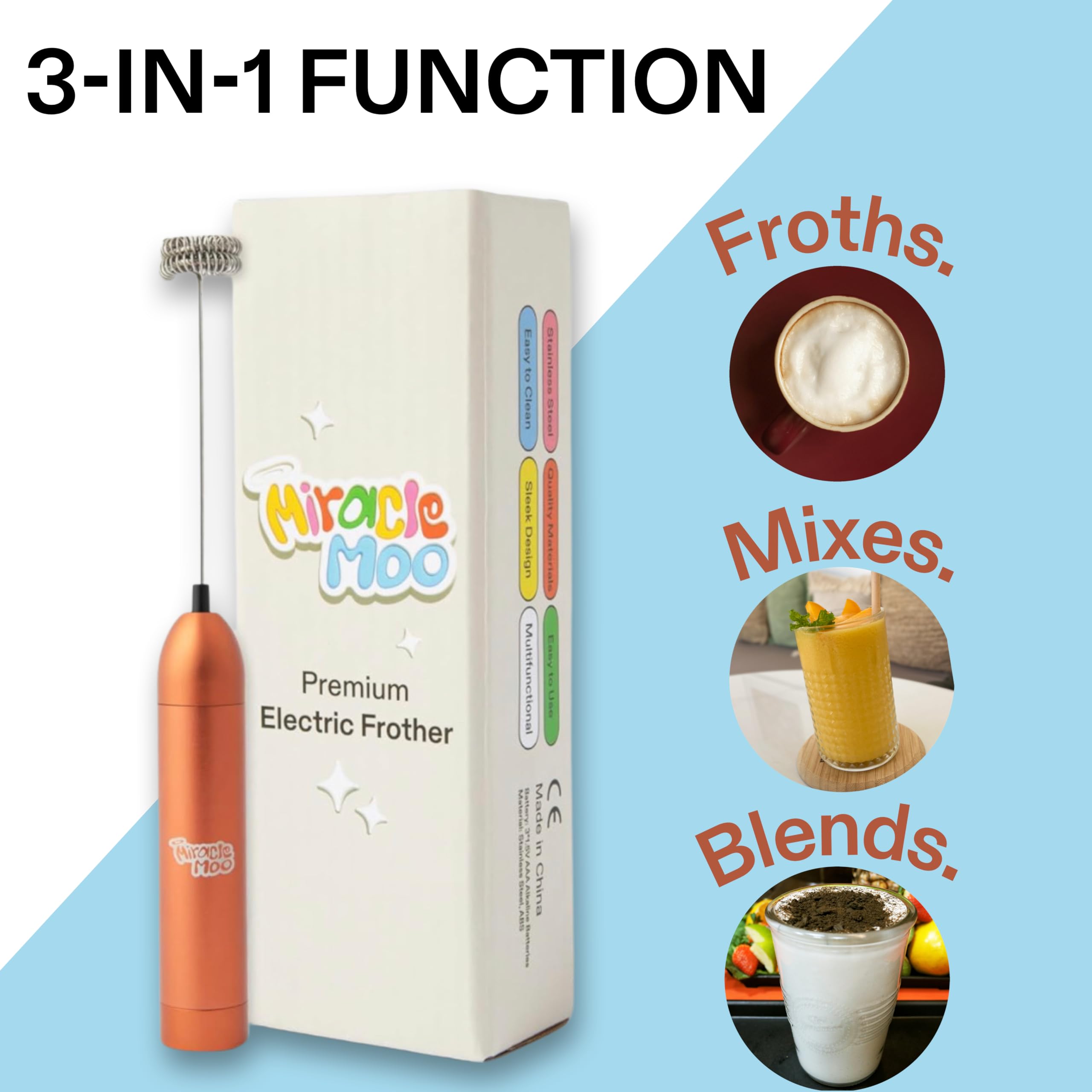 Electric Milk Frother Handheld - Stainless Steel Battery Operated Whisk for Coffee, Latte, Cappuccino, Matcha, Protein Shakes & More - Perfect for Home, Office & Coffee Shops